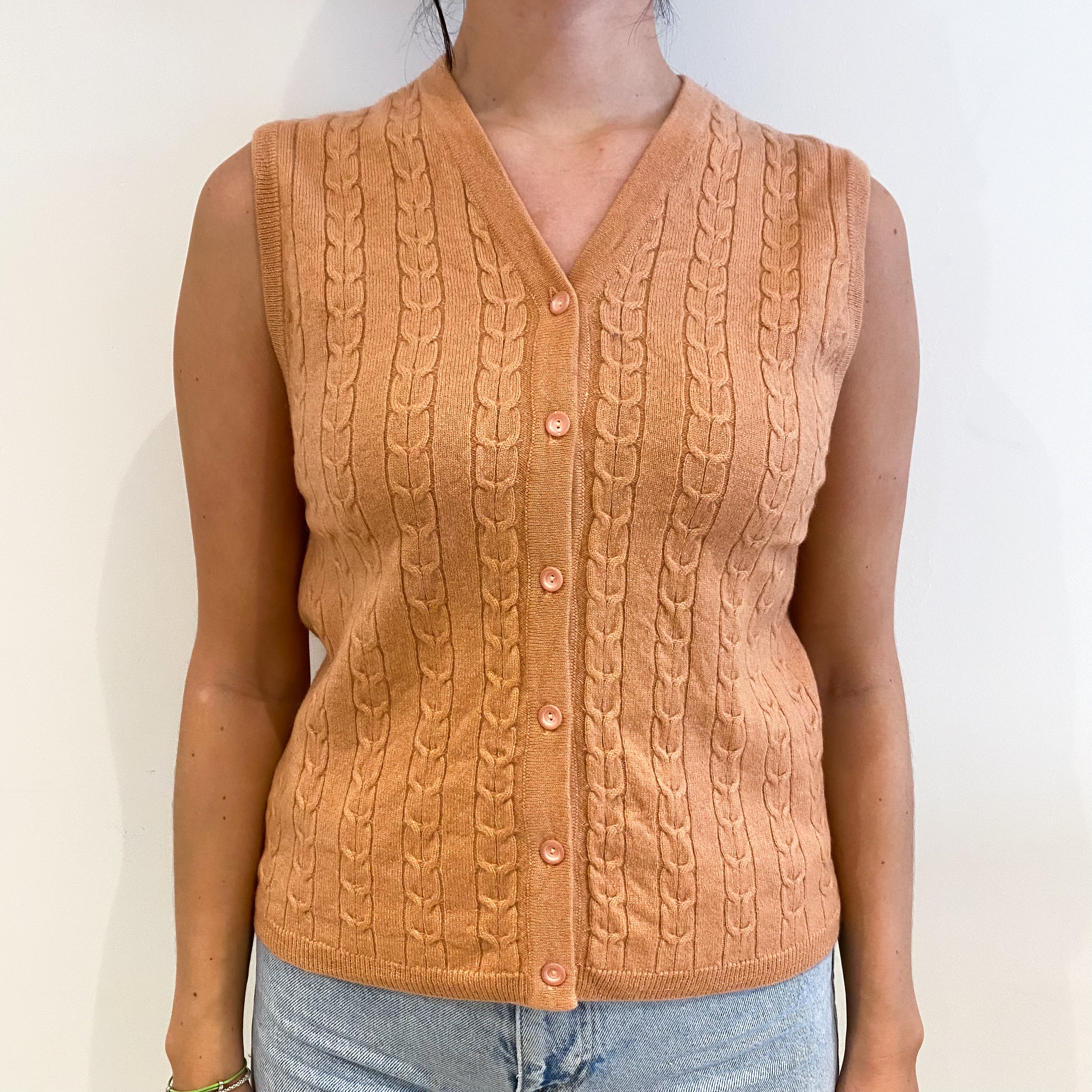 Pale Terracotta Cashmere V Neck Sleeveless Cable Knit Cardigan Small