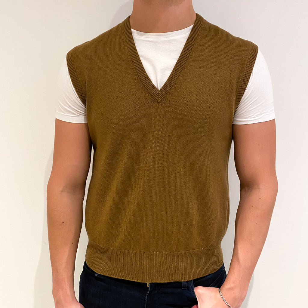 Men's Vintage Scottish Cinnamon Brown Cashmere V Neck Sleeveless Jumper XL
