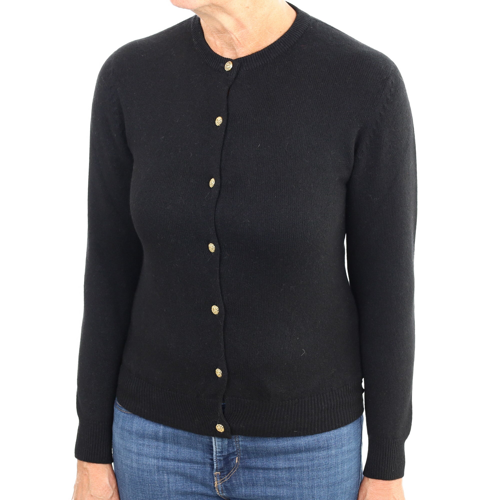 Black Cashmere Crew Neck Cardigan Medium
