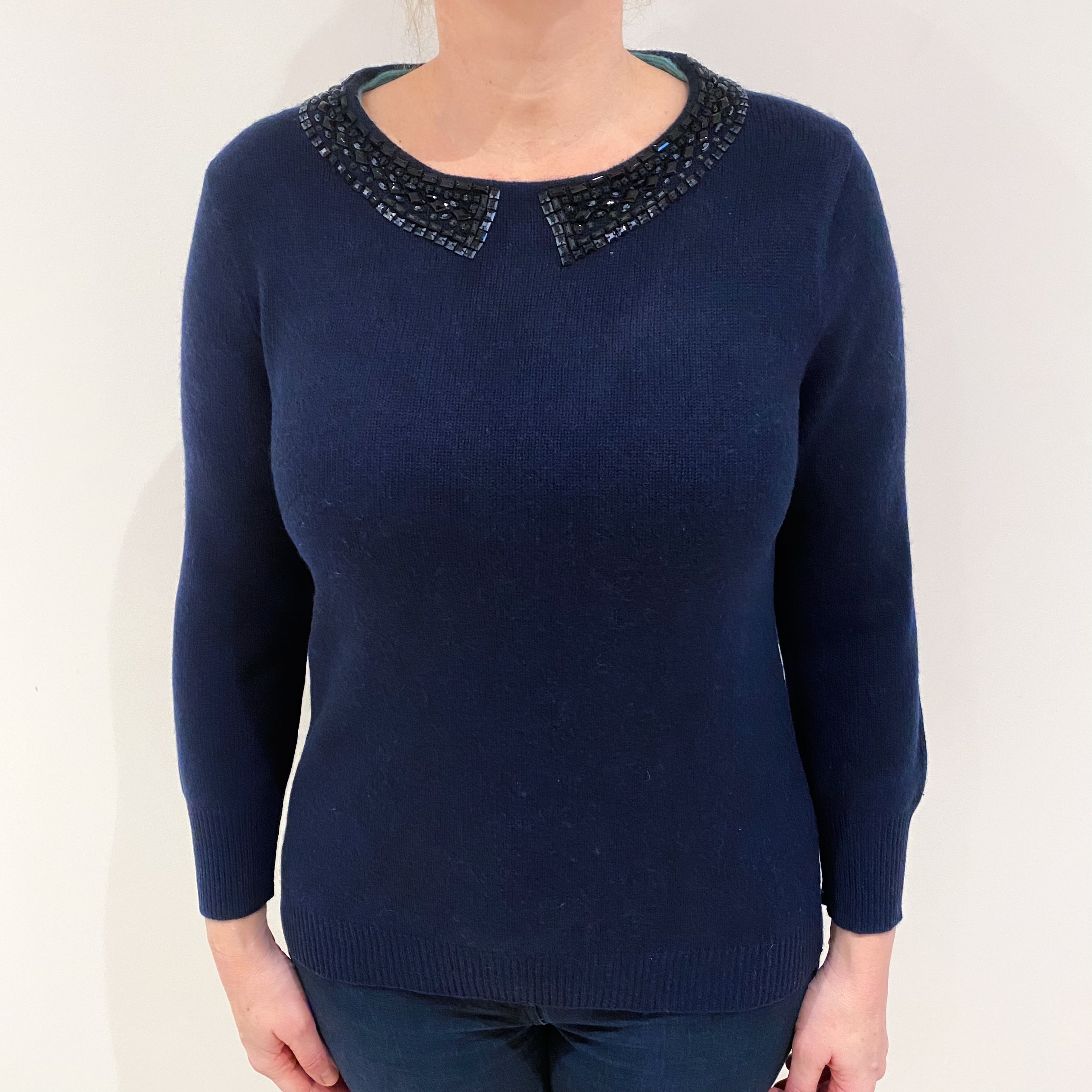 Navy Blue Beaded Collar Cashmere Crew Neck Jumper Large