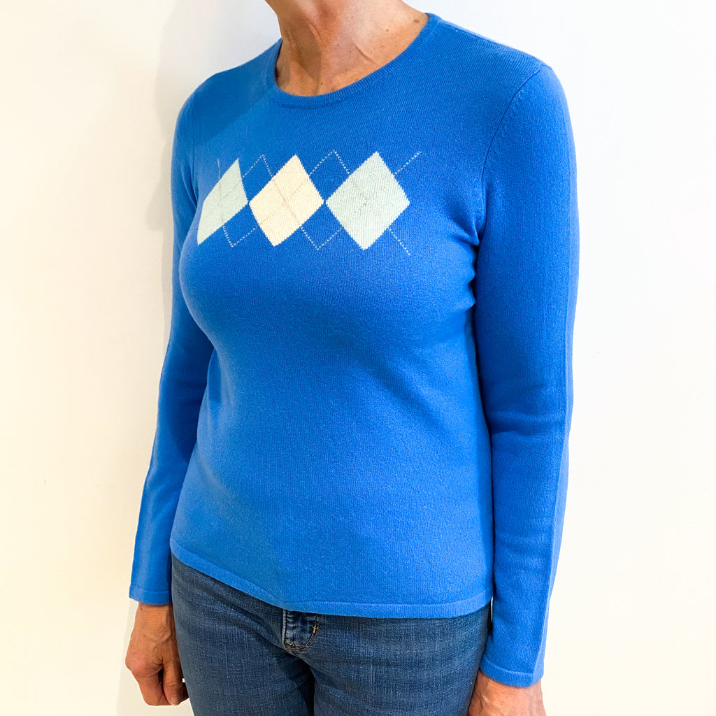 Azure Blue Checked Cashmere Crew Neck Jumper Medium