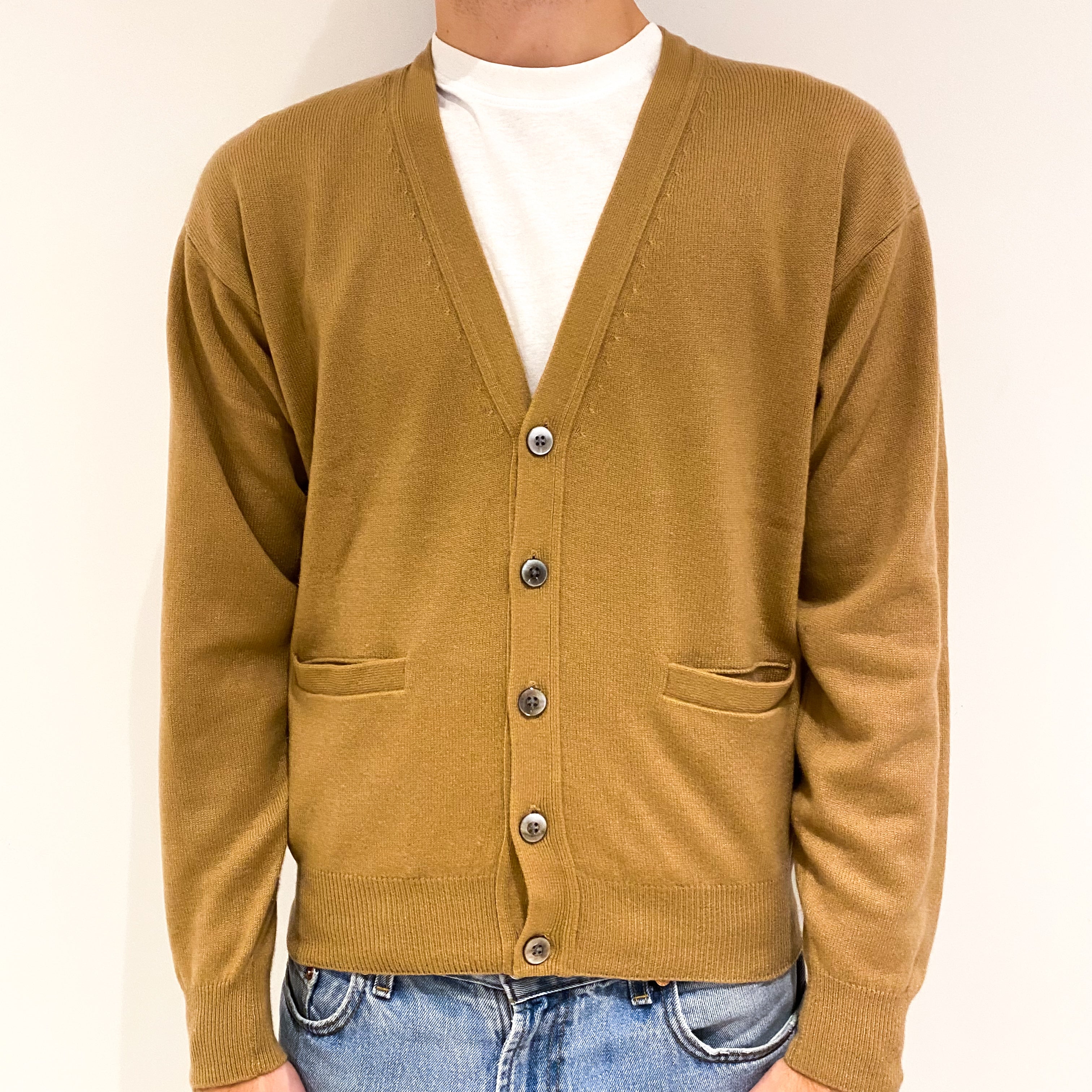 Men's Camel Brown Cashmere V-Neck Cardigan Medium