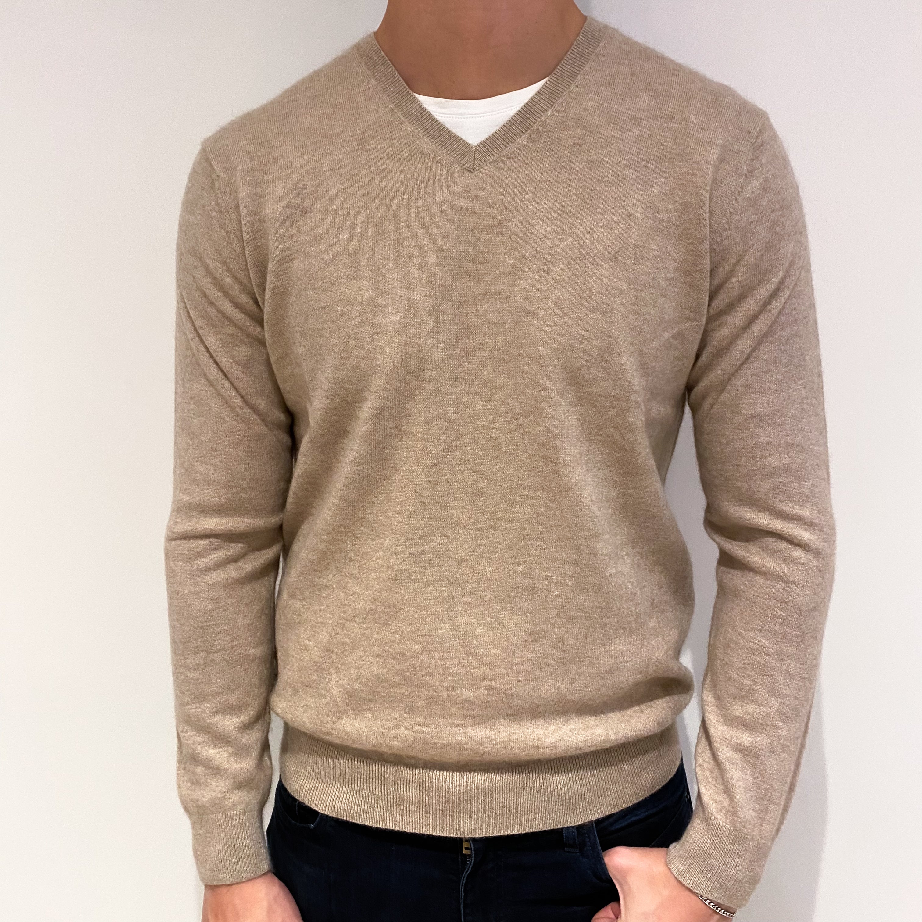 Men's Fawn Beige Cashmere V-Neck Jumper Extra Large