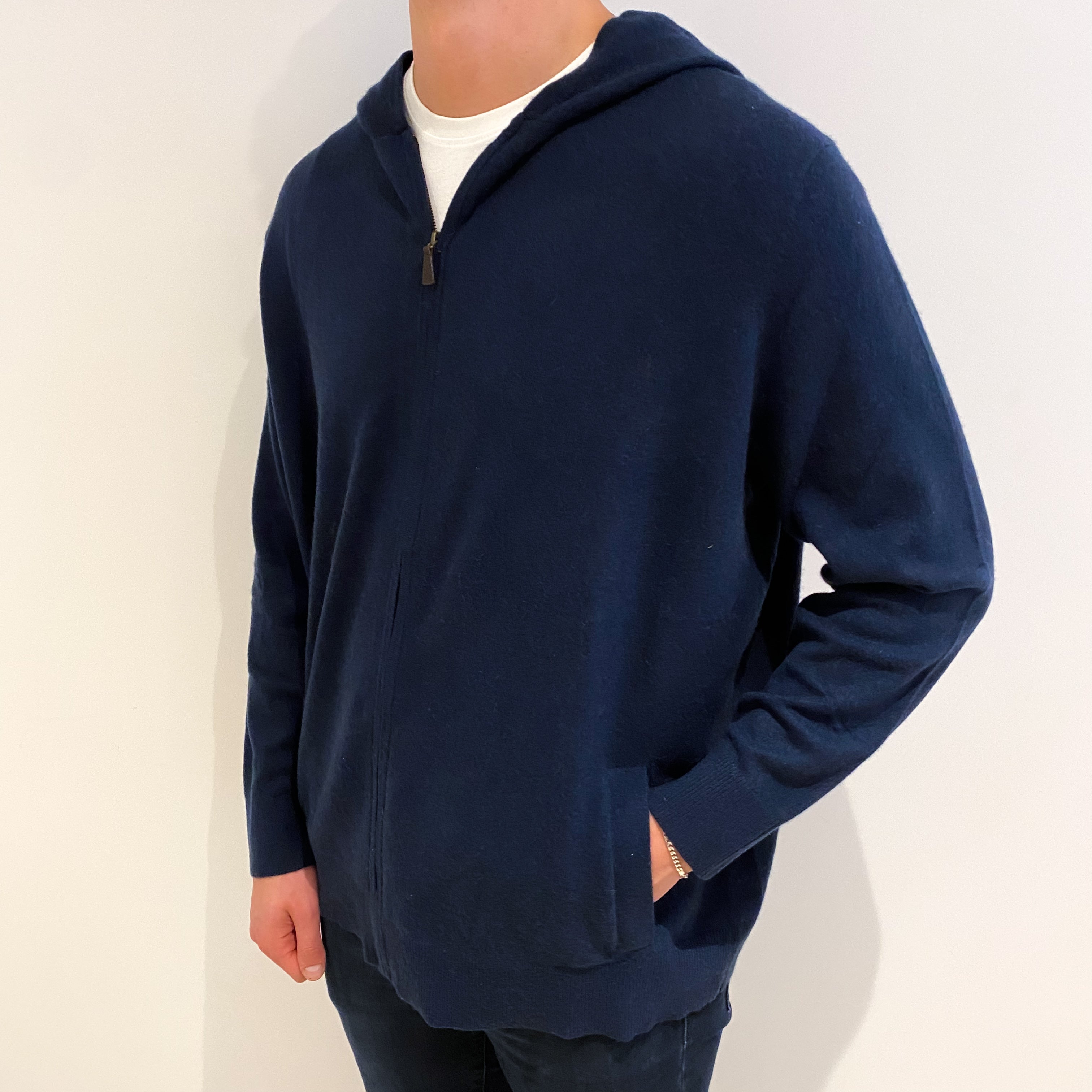 Men's Navy Blue Cashmere Zip Up Hoodie Jumper XXXL