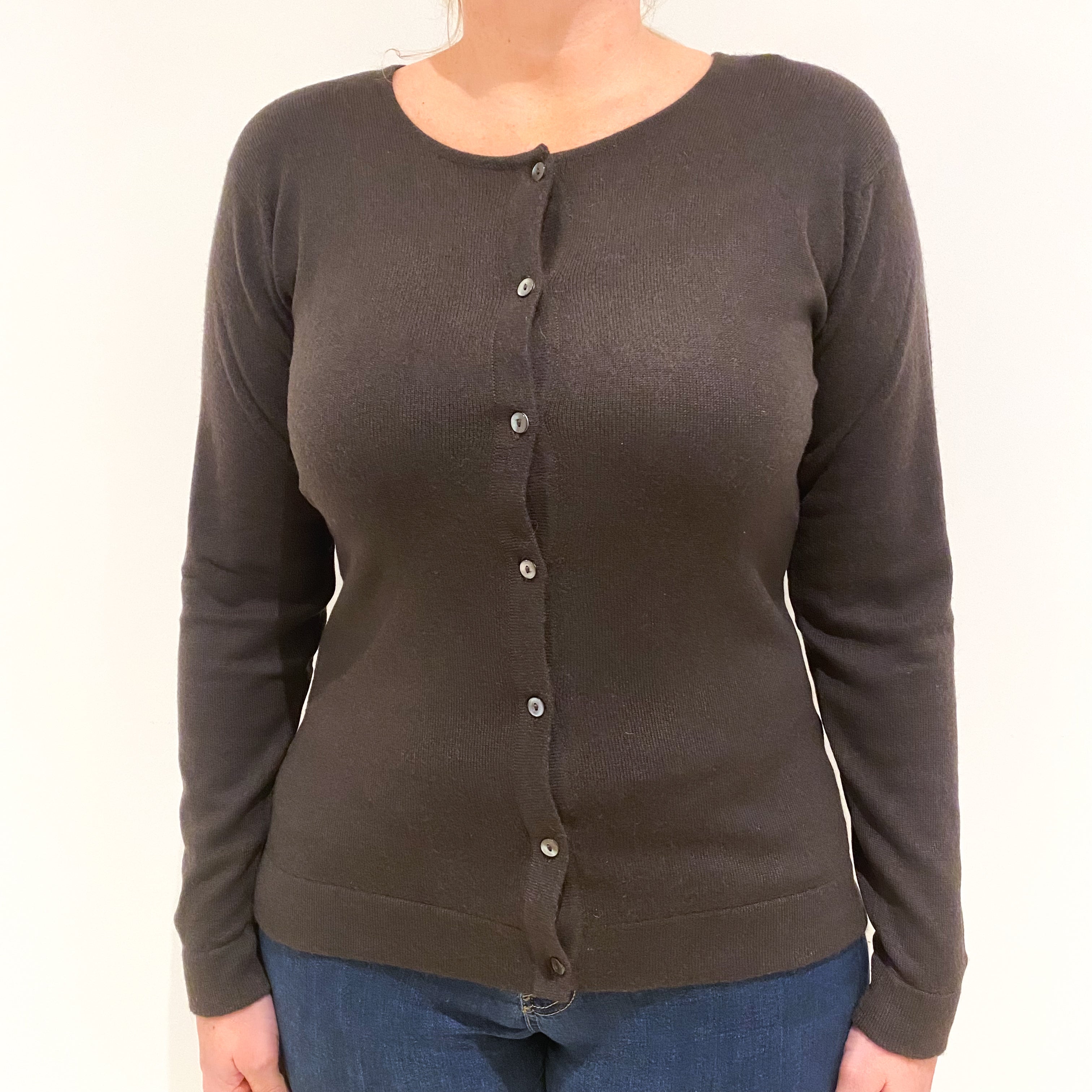Dark Brown Cashmere Crew Neck Cardigan Large