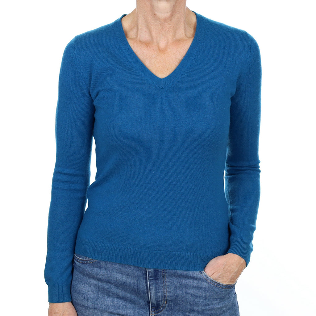 Teal Blue Cashmere V Neck Jumper Small