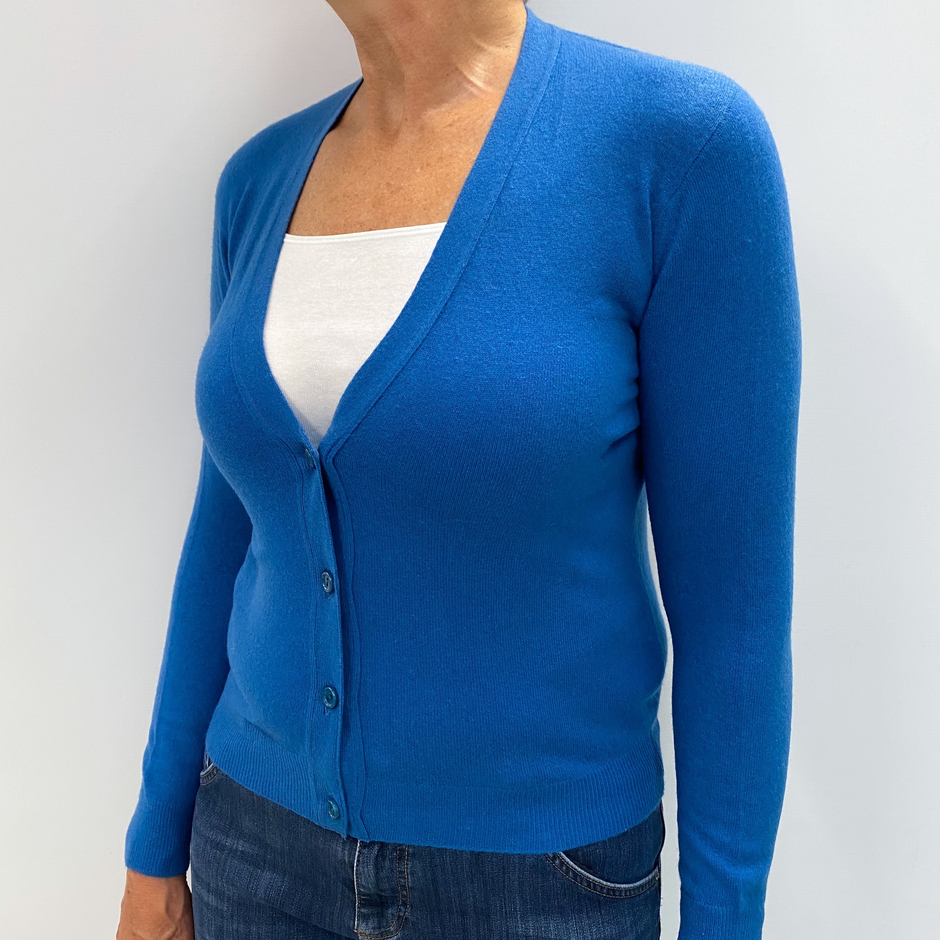 Peacock Blue Cashmere V Neck Cardigan Medium