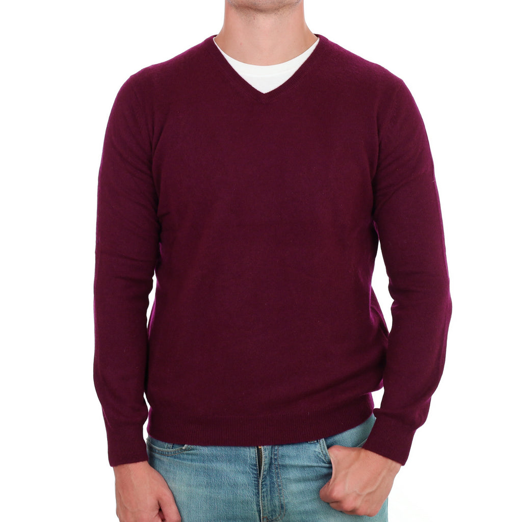 Men's Mulberry Purple Cashmere V Neck Jumper XL