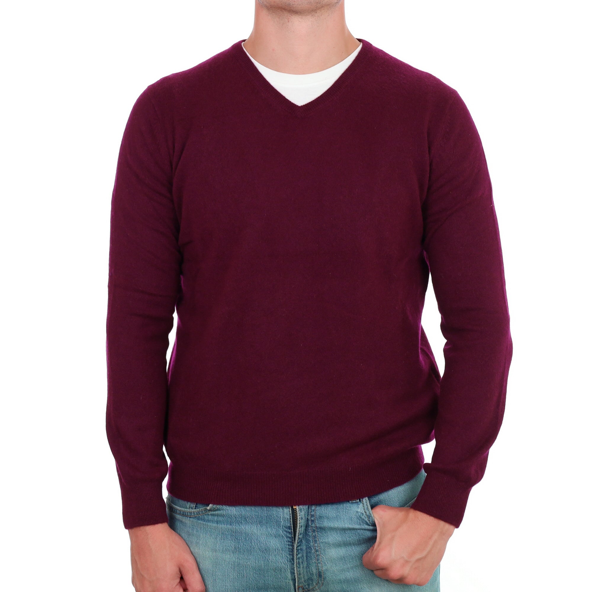 Men's Mulberry Purple Cashmere V Neck Jumper XL