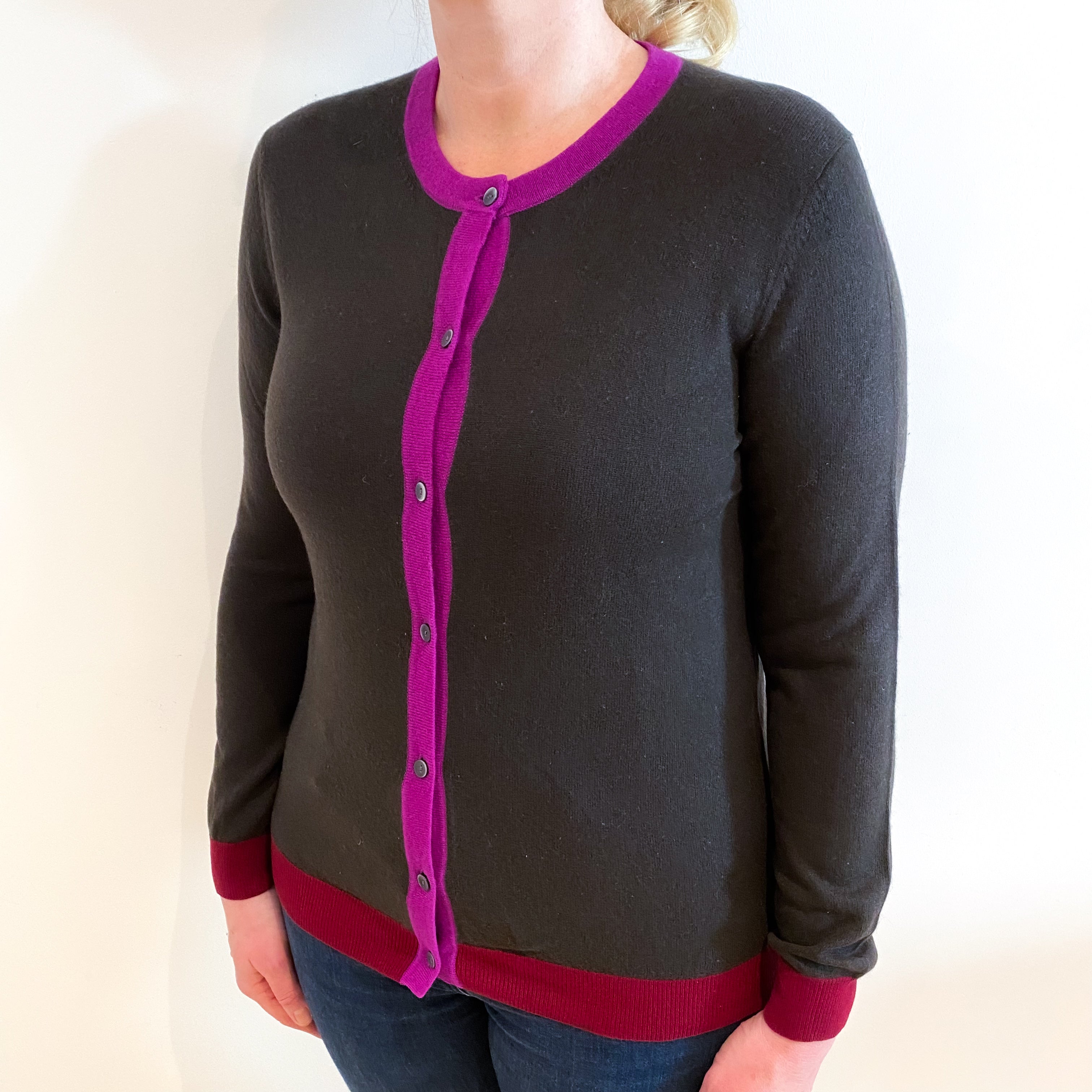 Dark Chocolate Brown Cashmere Crew Neck Cardigan Large
