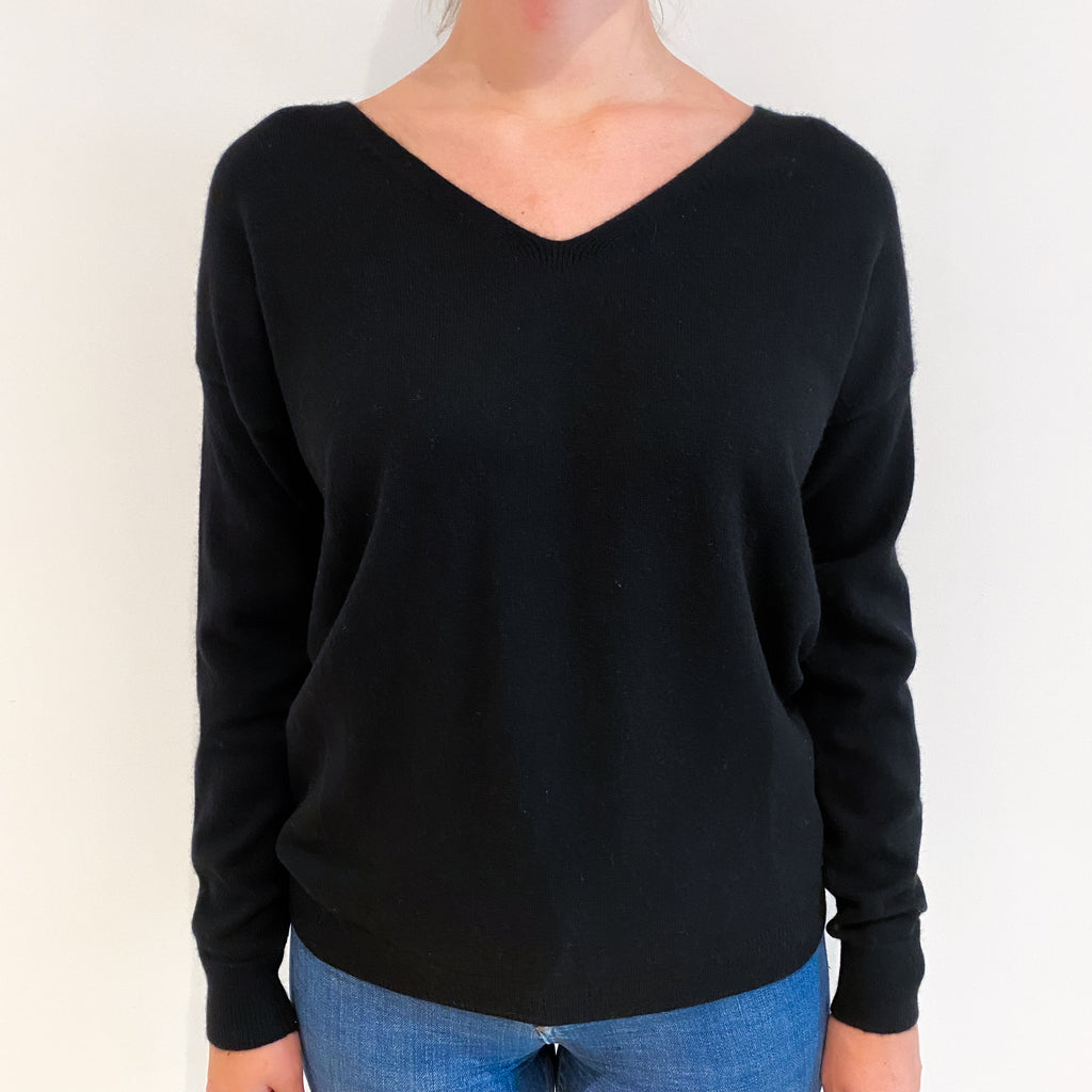 Black Lace Up Back Cashmere V Neck Jumper Small