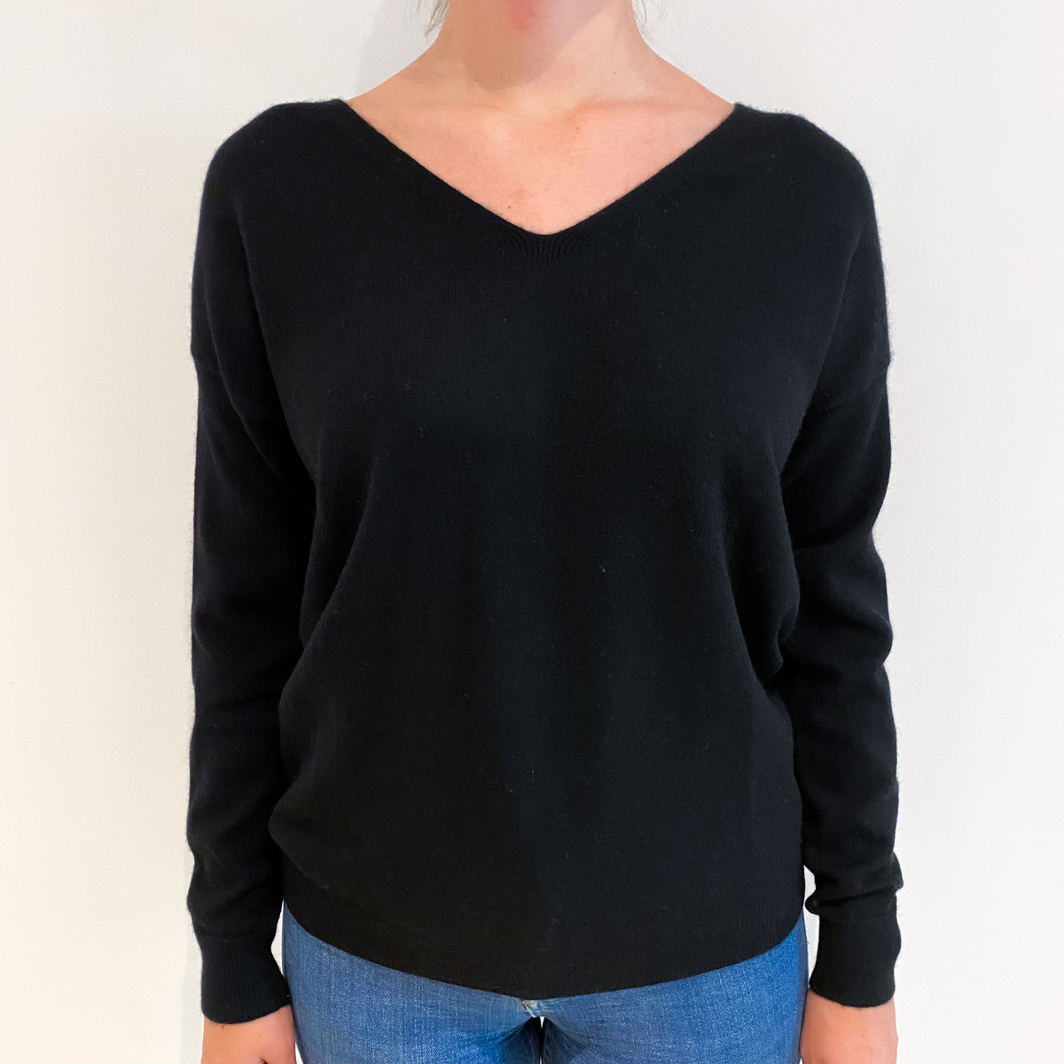Black Lace Up Back Cashmere V Neck Jumper Small