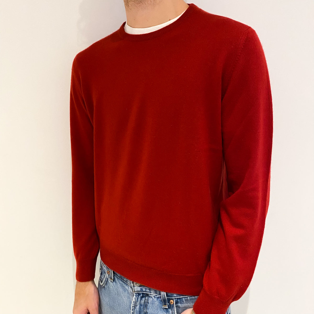 Men's Red Cashmere Crew Neck Jumper Large