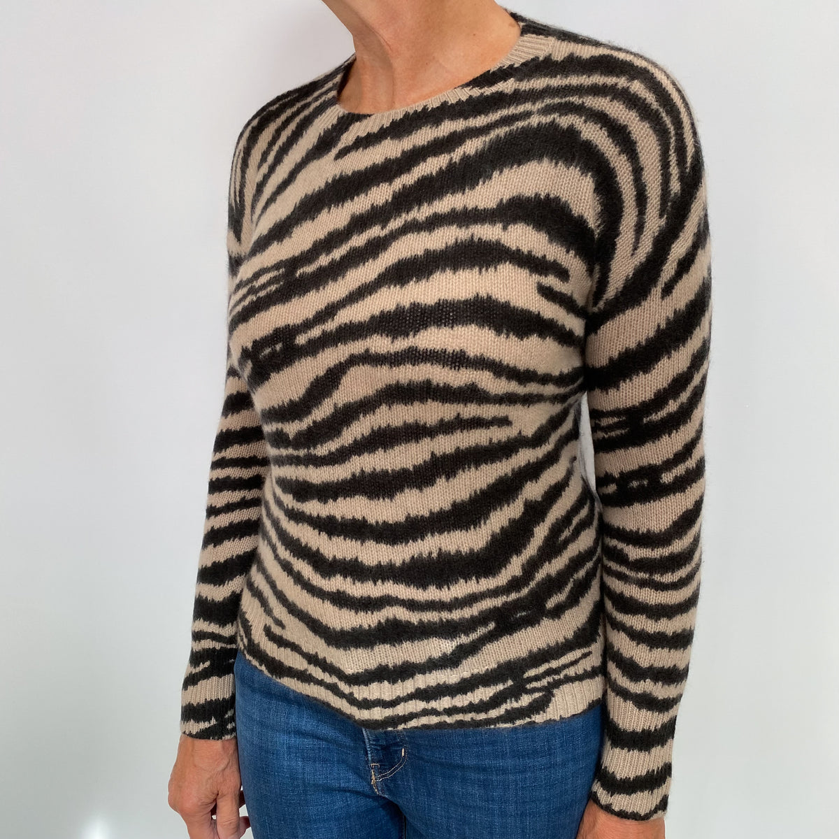 Charcoal and Beige Zebra Print Cashmere Crew Neck Jumper Medium