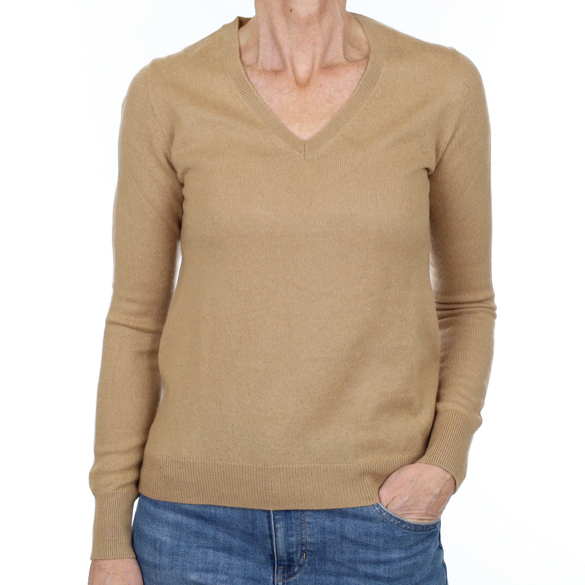 Camel Brown Cashmere V Neck Jumper Small