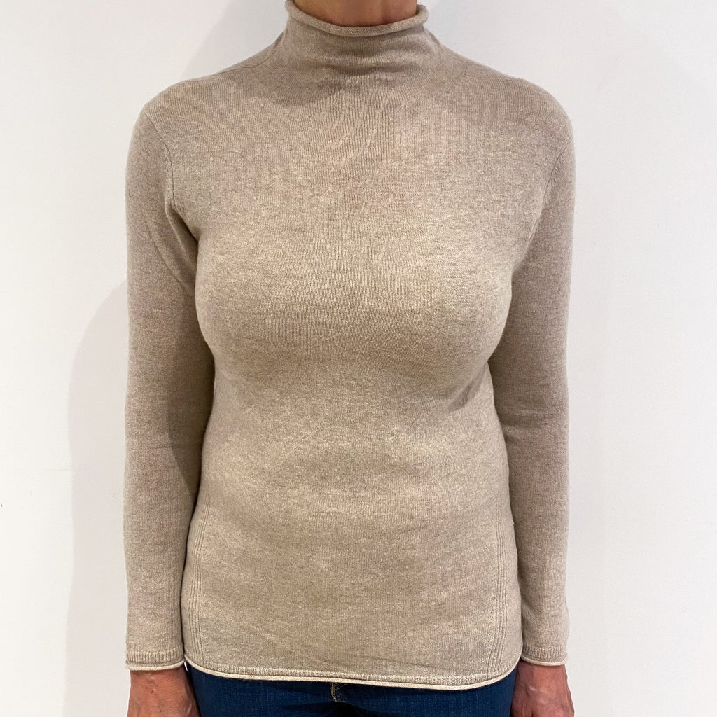 Oatmeal Beige Cashmere Funnel Neck Jumper Medium