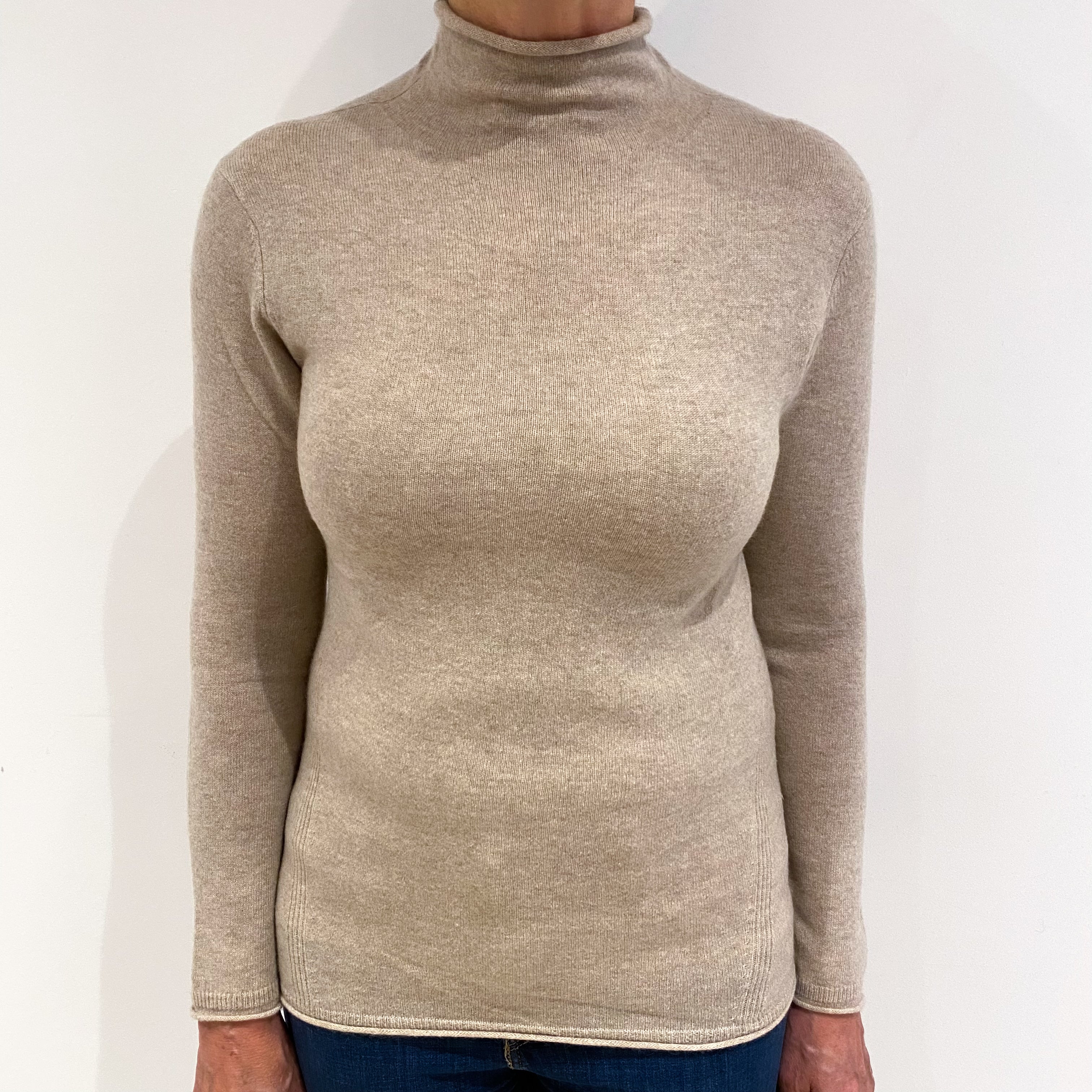 Oatmeal Beige Cashmere Funnel Neck Jumper Medium