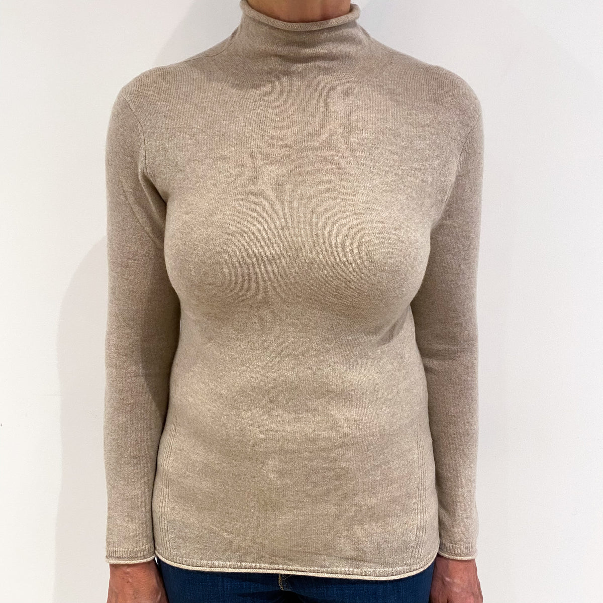 Oatmeal Beige Cashmere Funnel Neck Jumper Medium