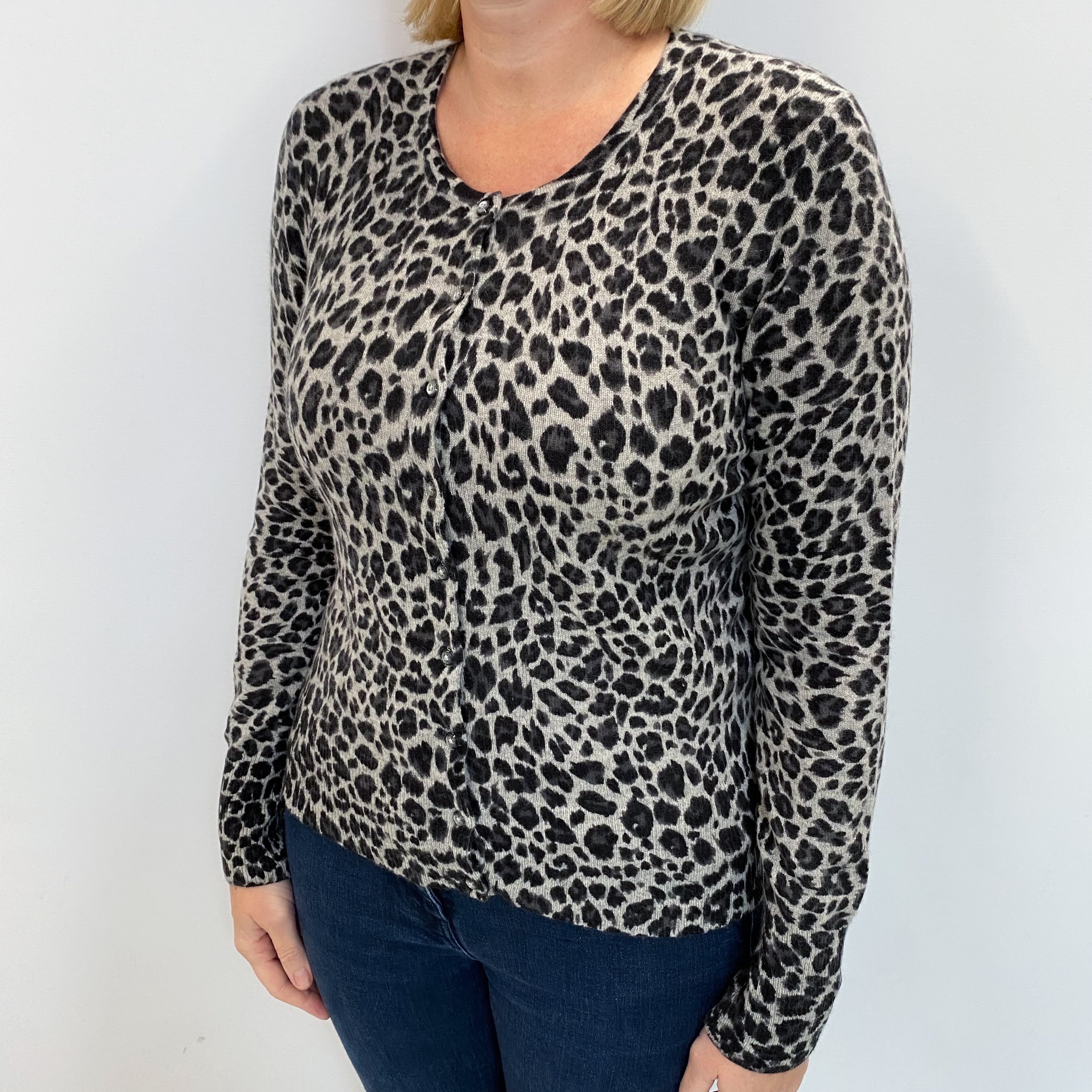 Grey Animal Print Cashmere Crew Neck Cardigan Large