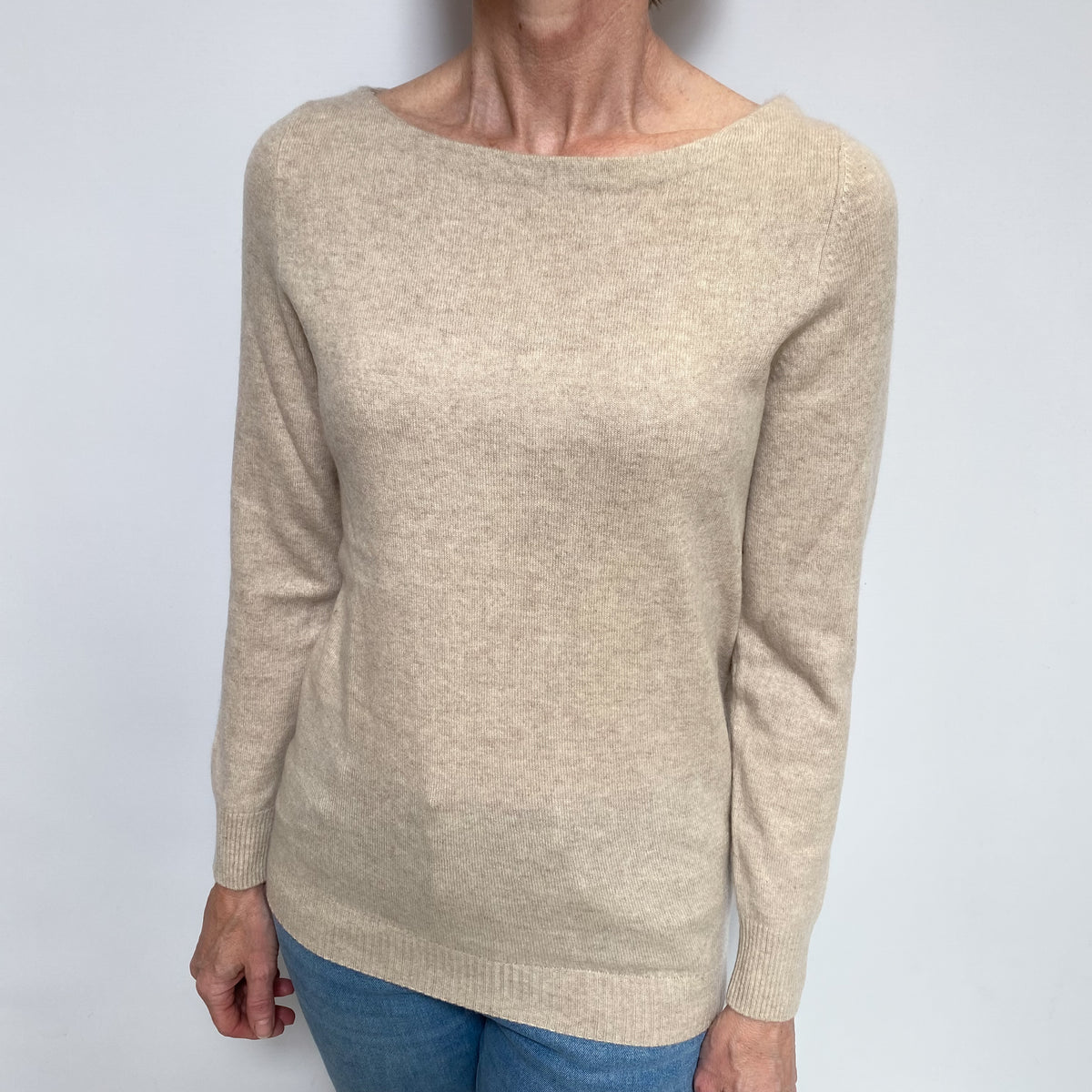 Oatmeal Cashmere Wide Boat Neck Jumper Small