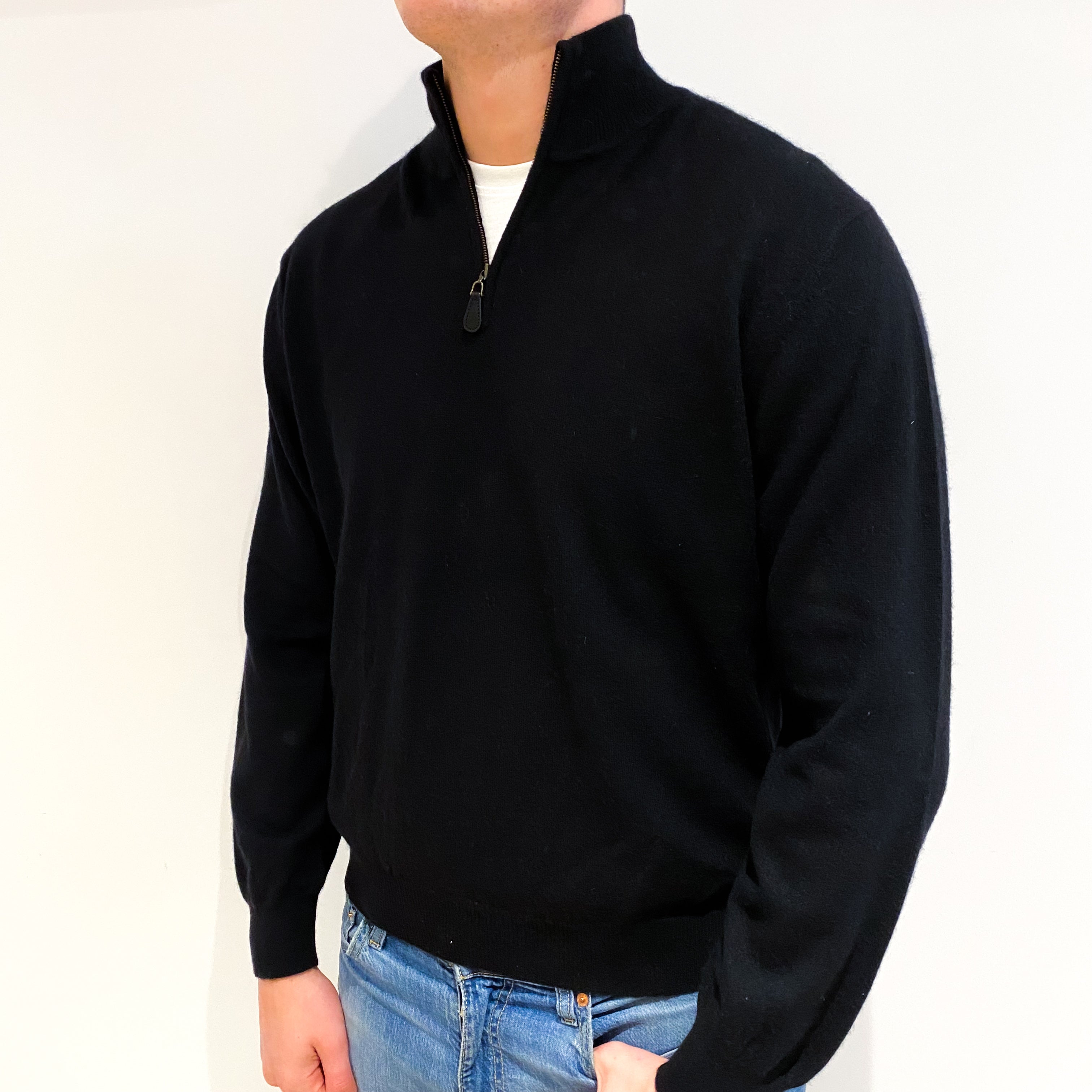 Black Men's Cashmere 1/4 Zip Jumper XL