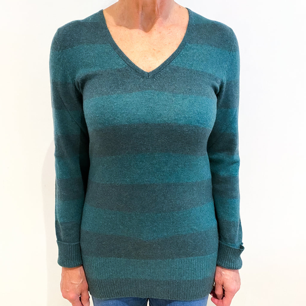Ocean Green Striped Cashmere V Neck Jumper Medium