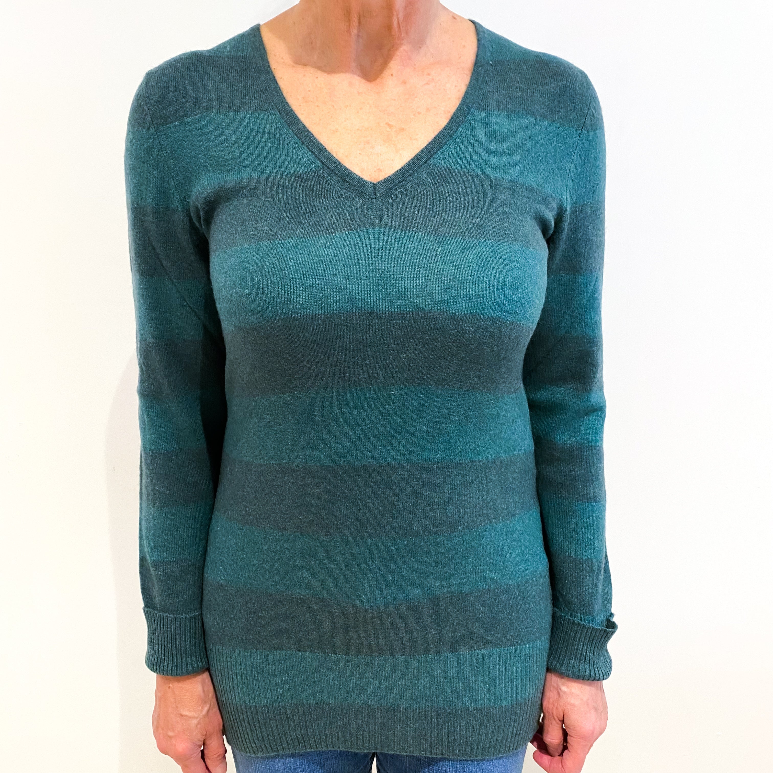 Ocean Green Striped Cashmere V Neck Jumper Medium