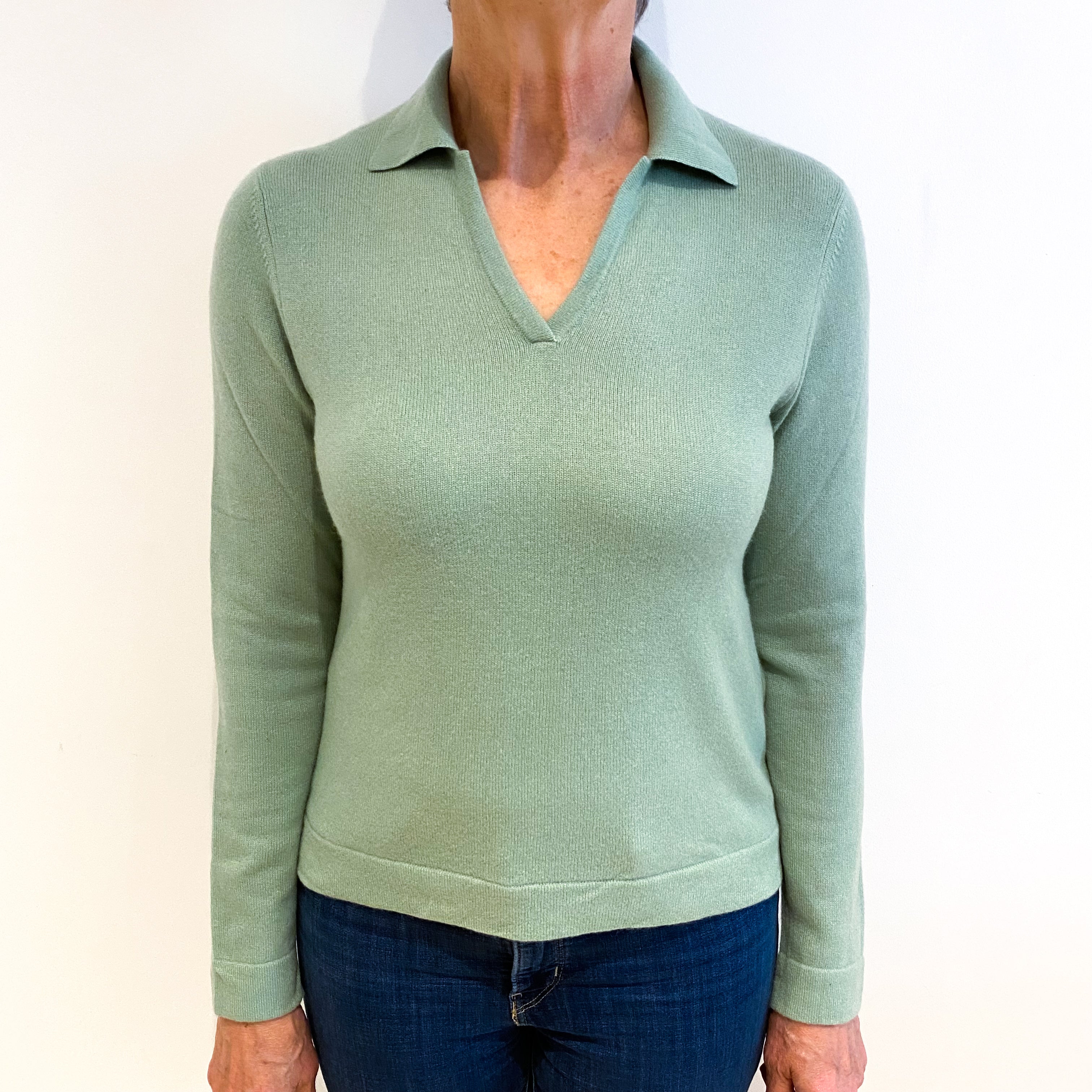Mint Green Cashmere Collared V Neck Jumper Medium