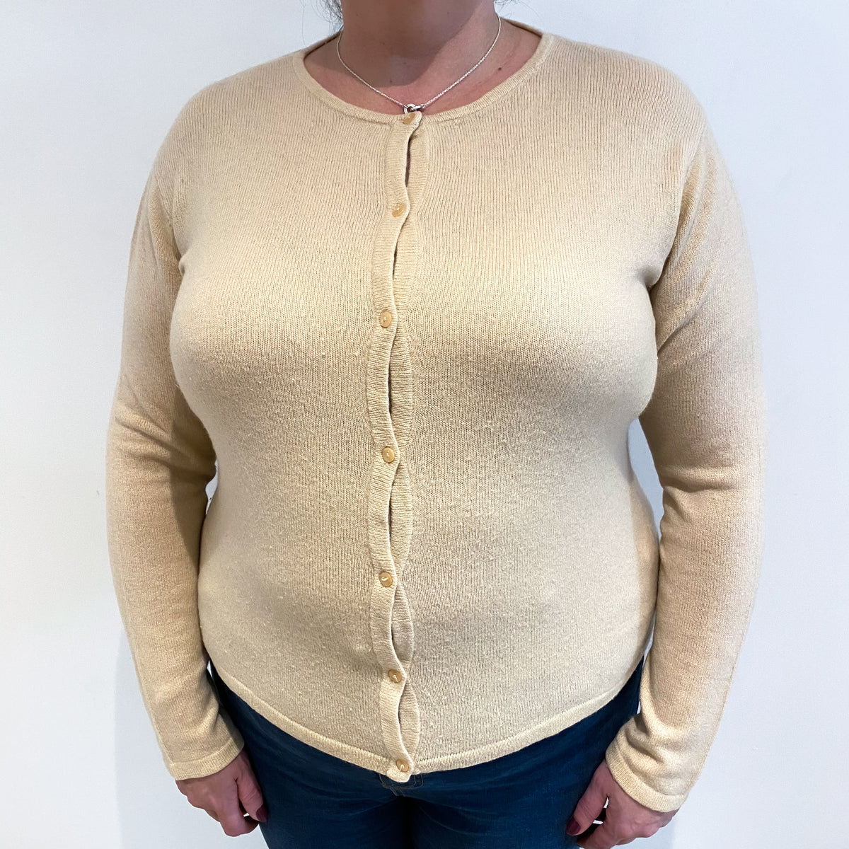 Light Peach Pink Cashmere Crew Neck Cardigan Extra Large