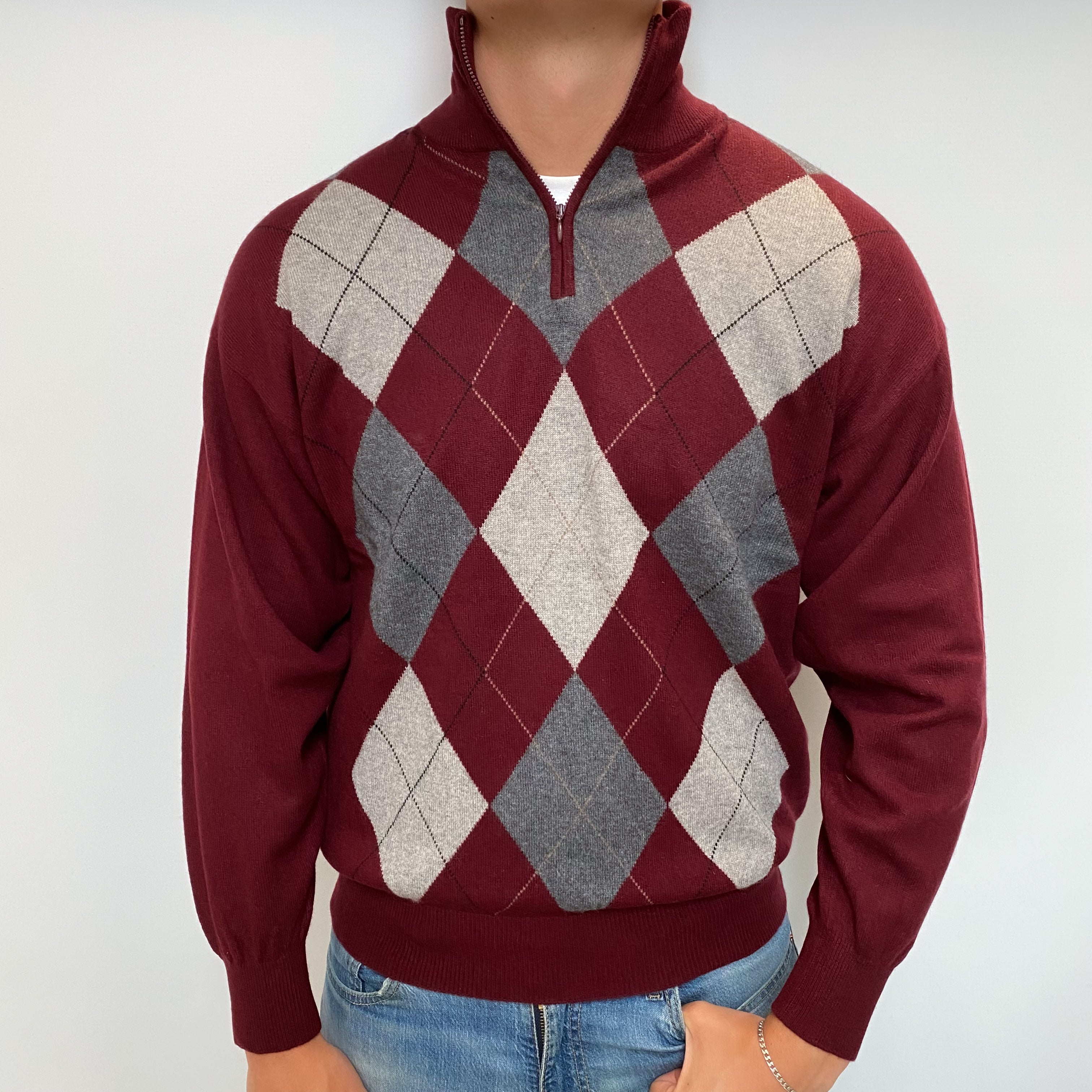 Men's Wine Red Argyle Cashmere 1/4 Zip V Neck Jumper XL