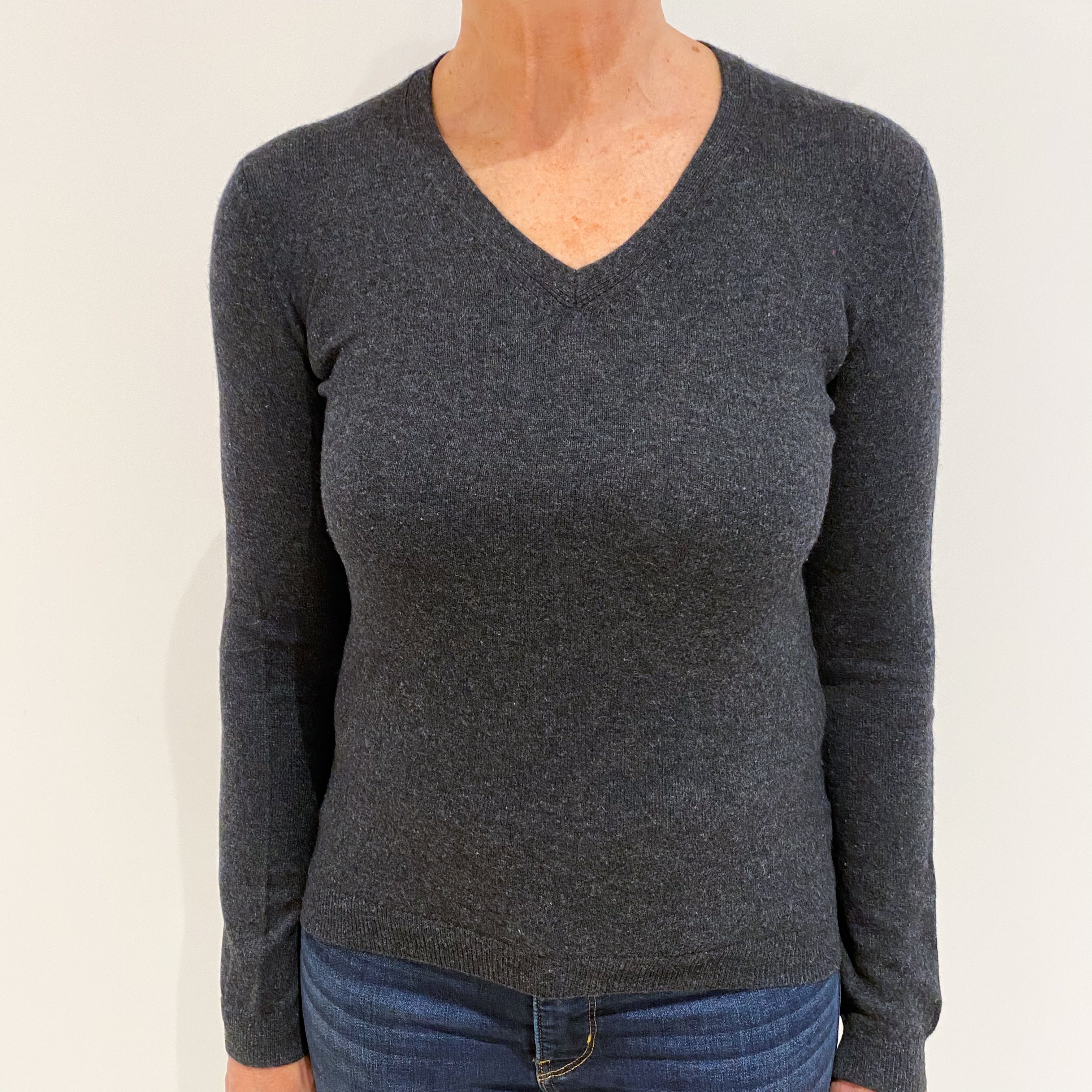 Charcoal Grey Cashmere V-Neck Jumper Medium