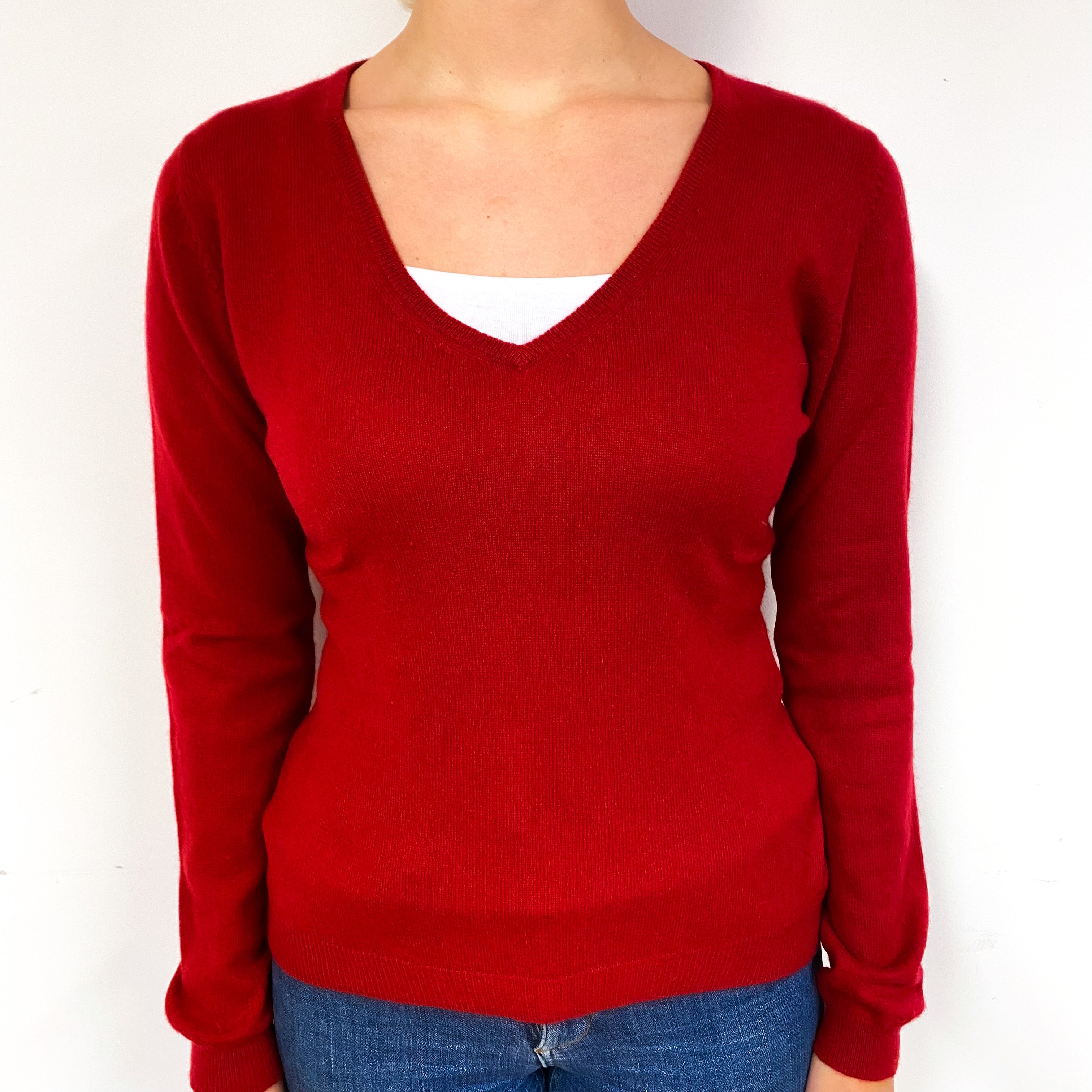 Post Box Red Cashmere V-Neck Jumper Small