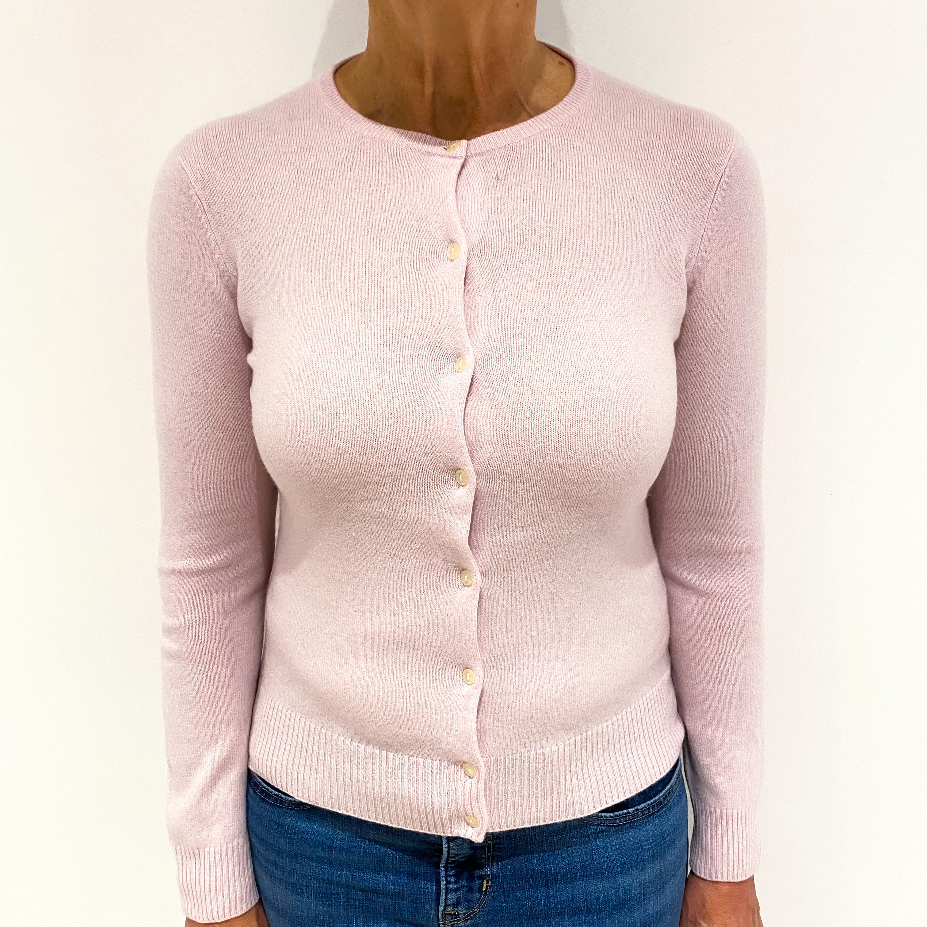 Pale Mauve Pink Cashmere Crew Neck Cardigan Medium