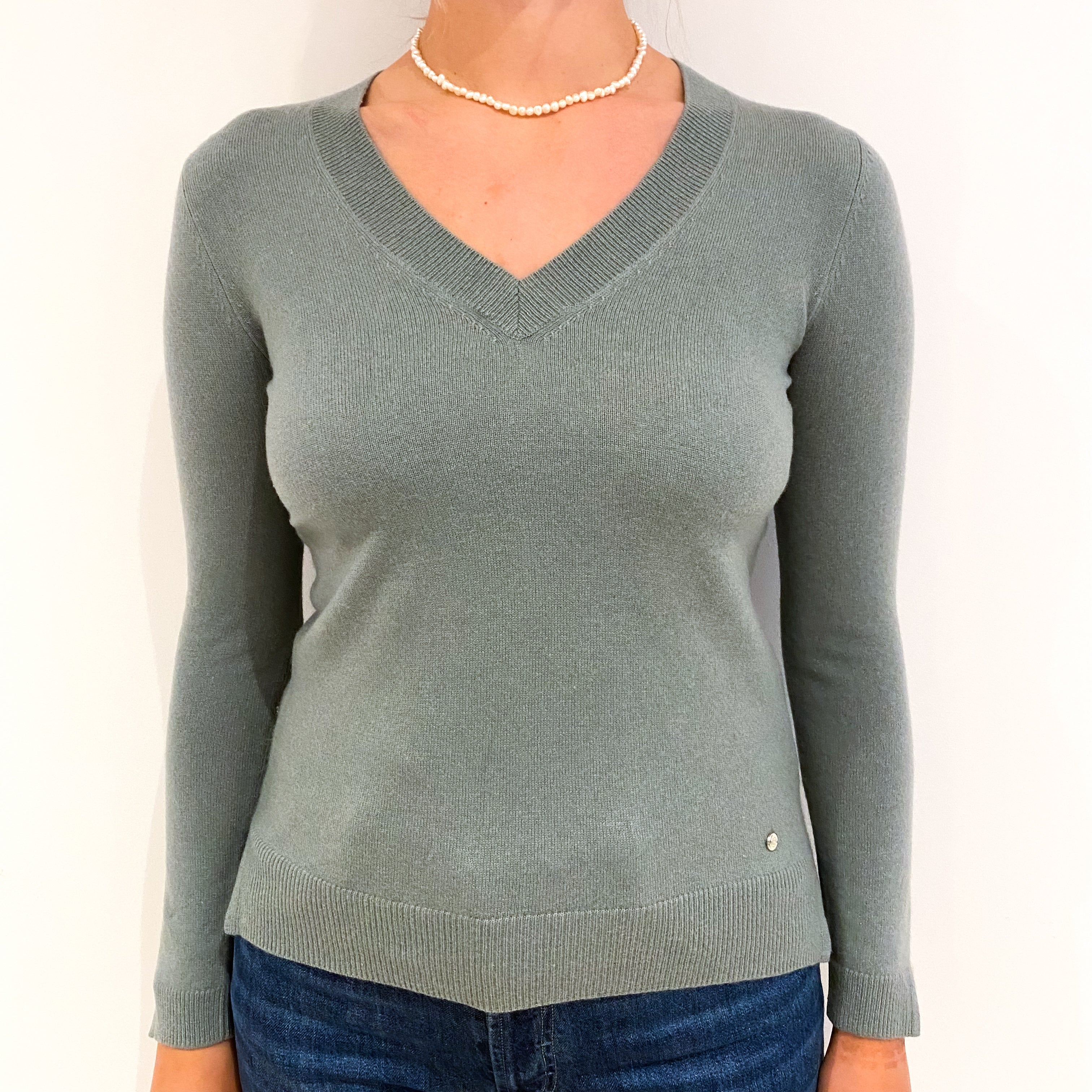 Olive Green Cashmere V-Neck Jumper Small