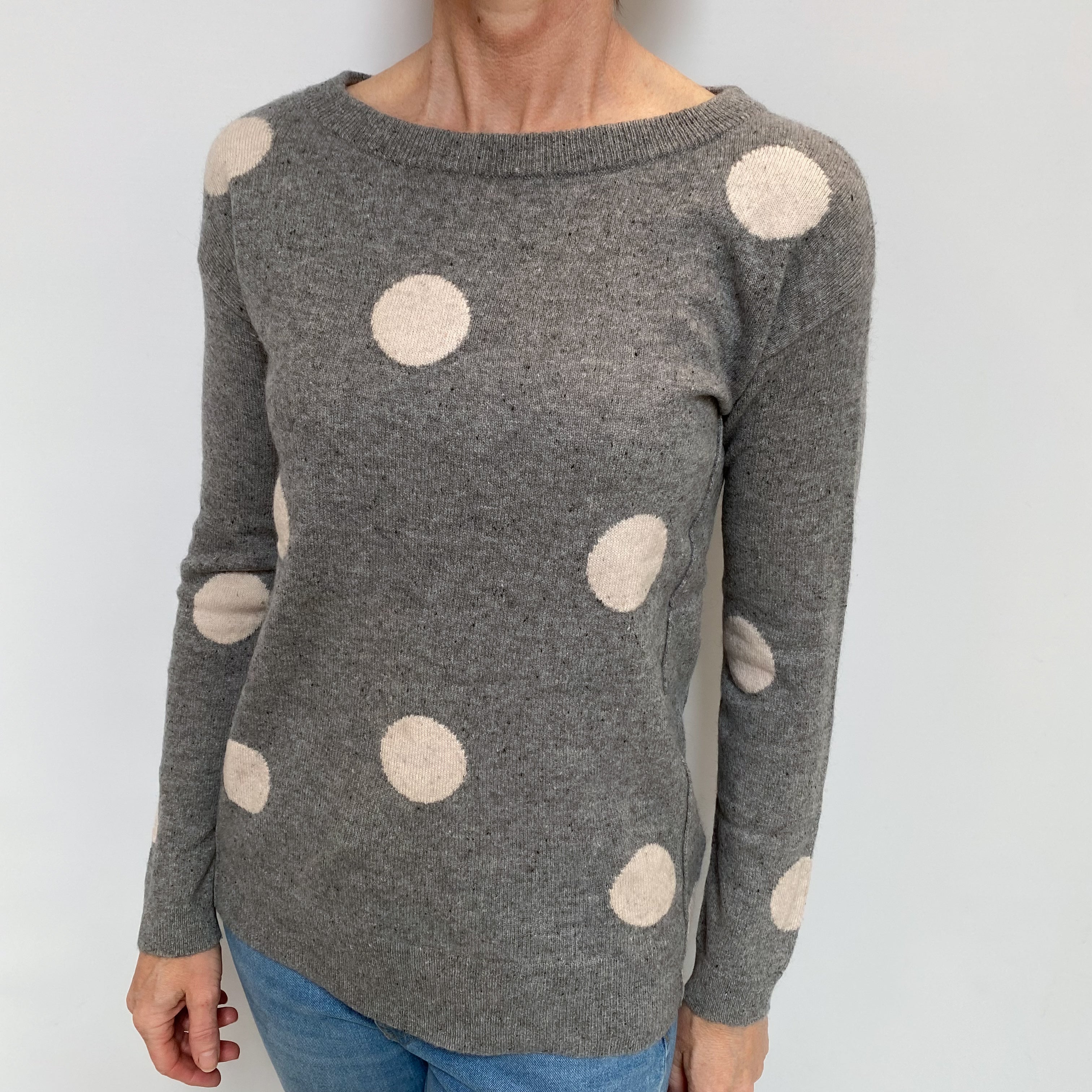 Ash Grey Polka Dot Cashmere Crew Neck Jumper Small