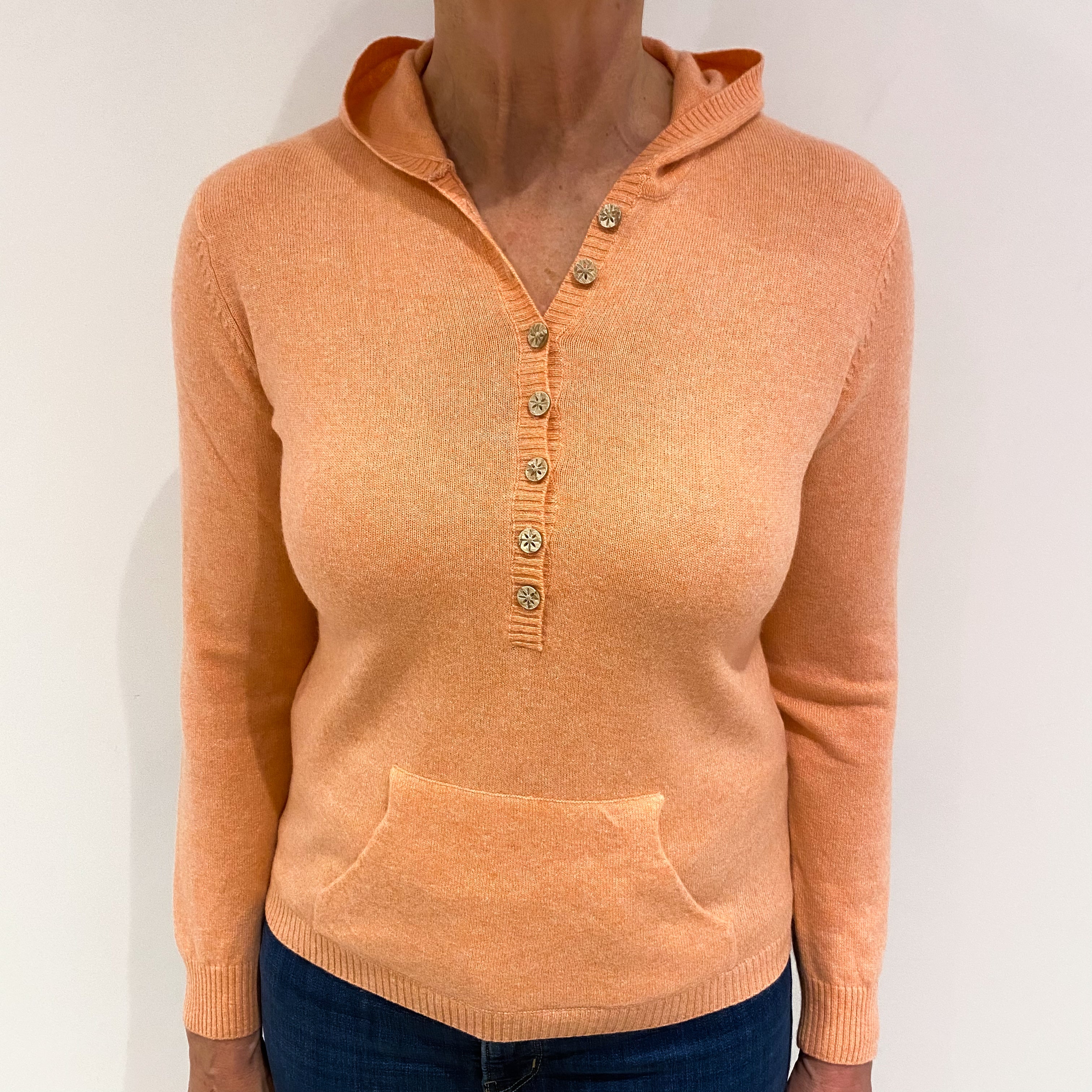 Coral Orange Cashmere Button Crew Neck Hoodie Medium