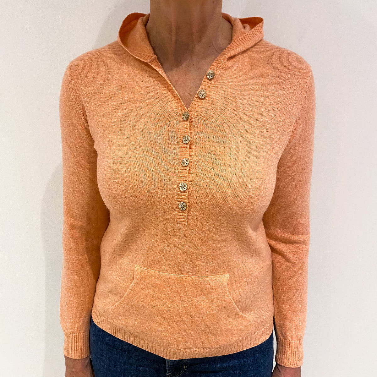 Coral Orange Cashmere Button Crew Neck Hoodie Medium