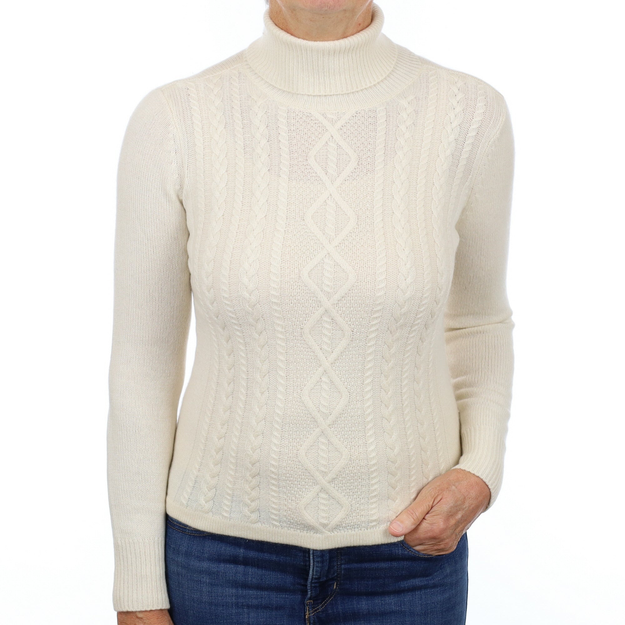 Honey Cream Cable Cashmere Polo Neck Jumper Medium