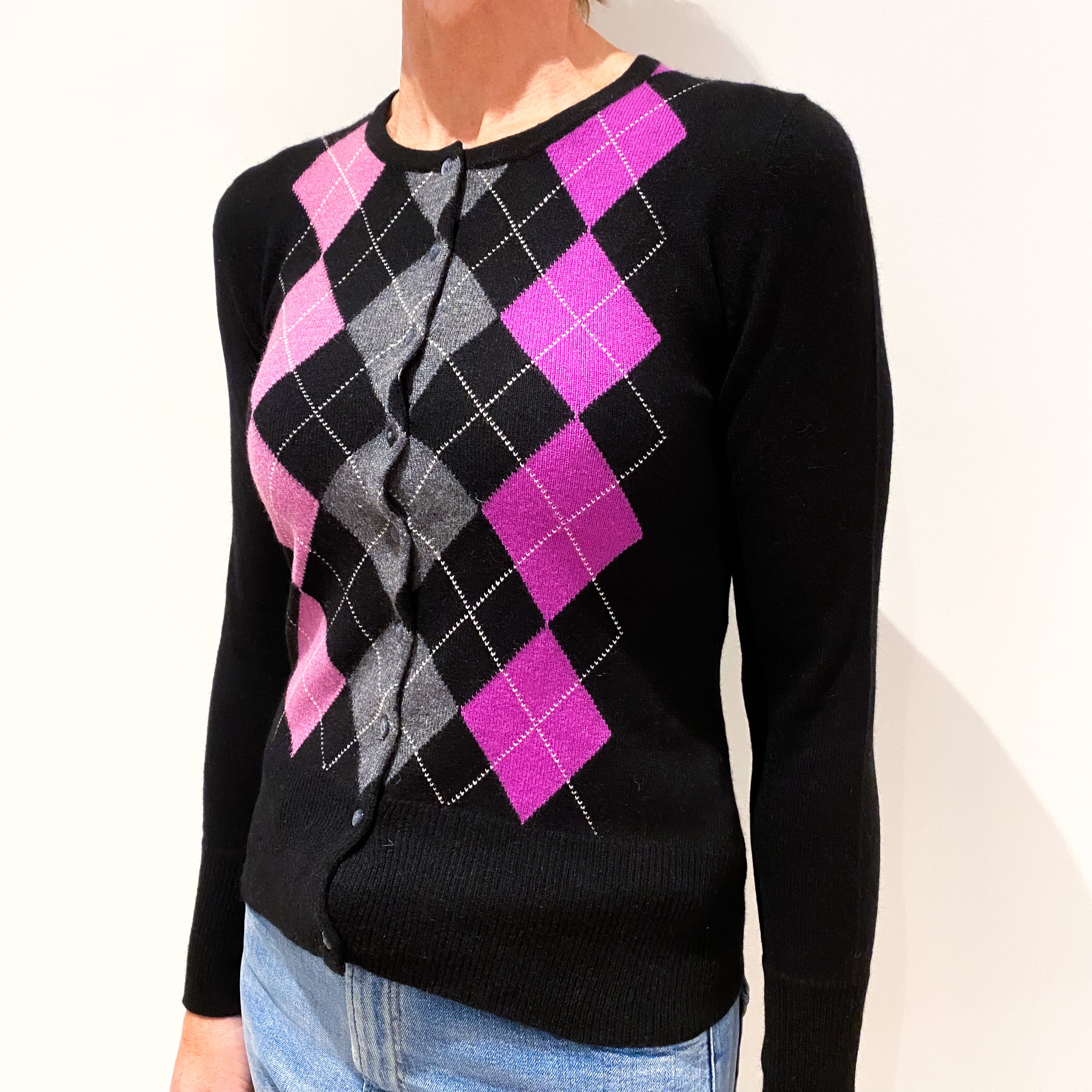 Black, Grey and Magenta Pink Argyle Cashmere Crew Neck Cardigan Small