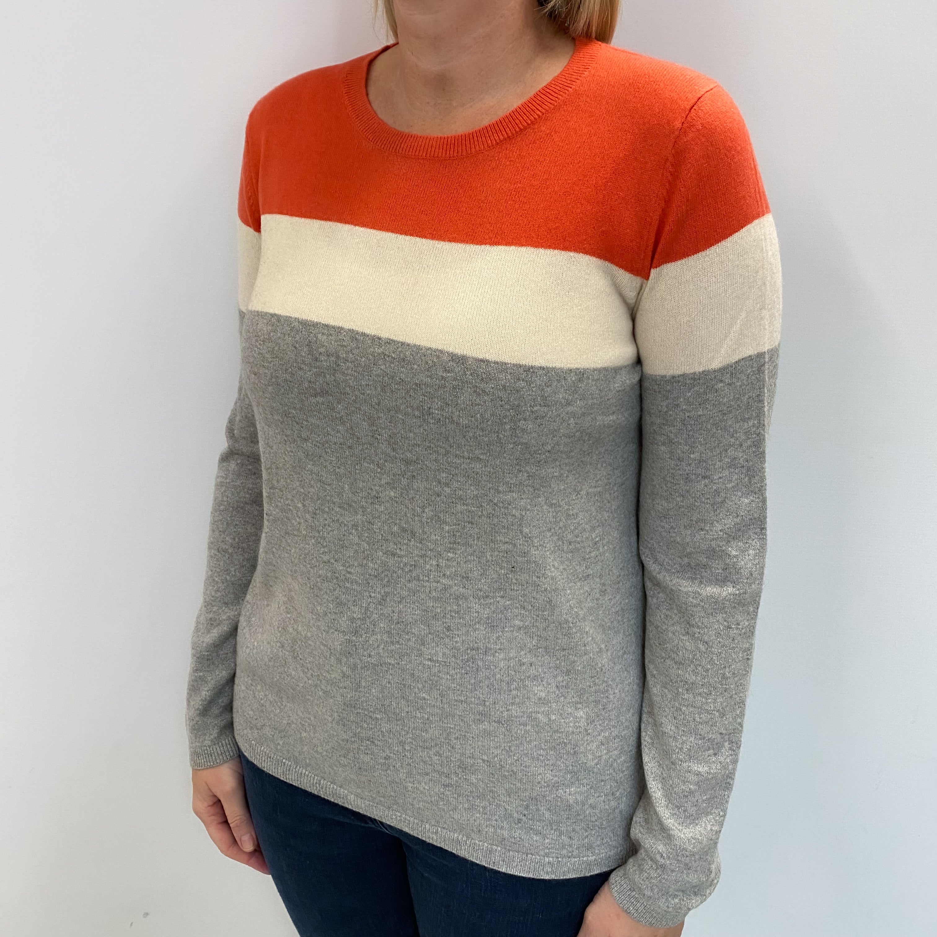 Smoke Grey Colour Block Cashmere Crew Neck Jumper Large