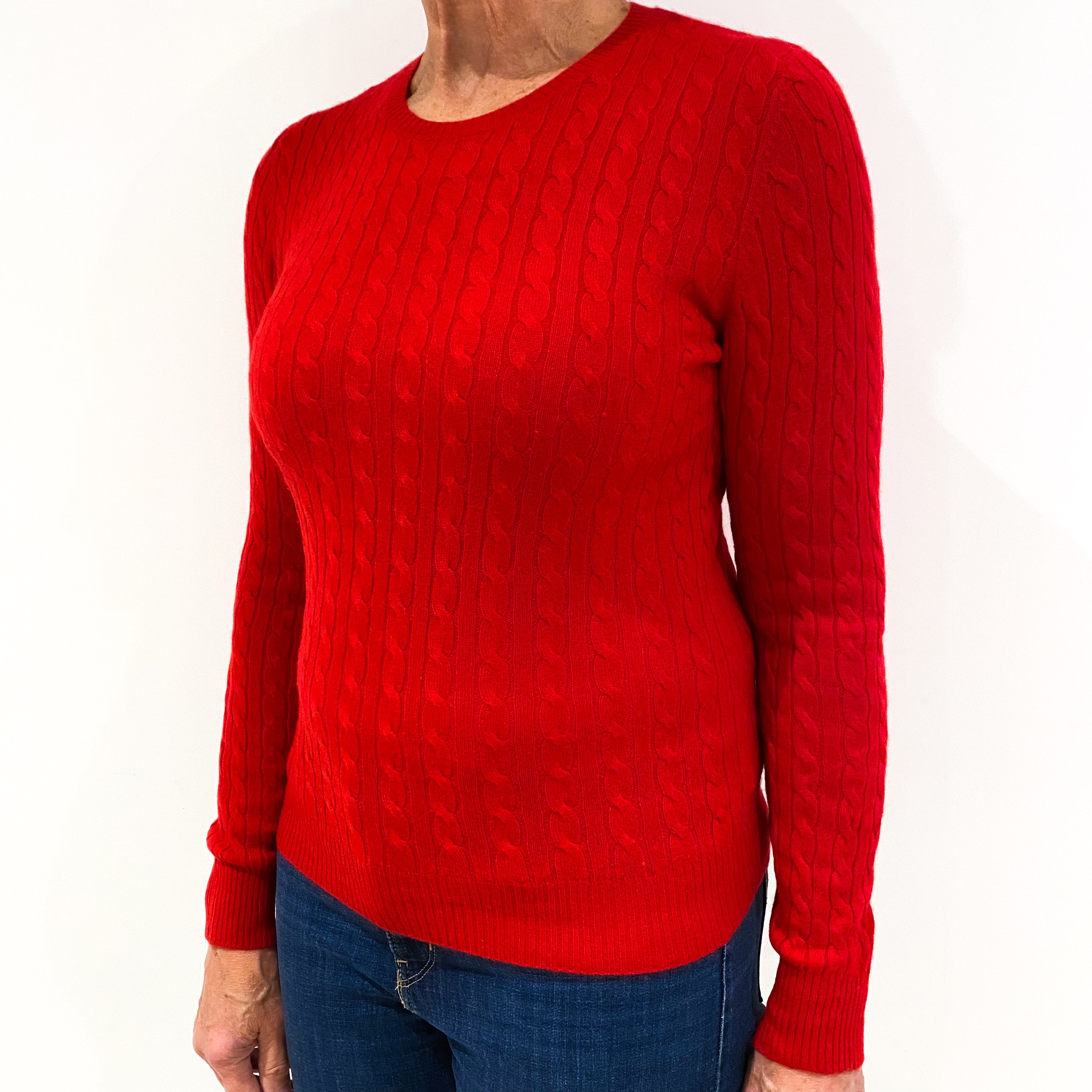 Post Box Red Cable Knit Cashmere Crew Neck Jumper Medium