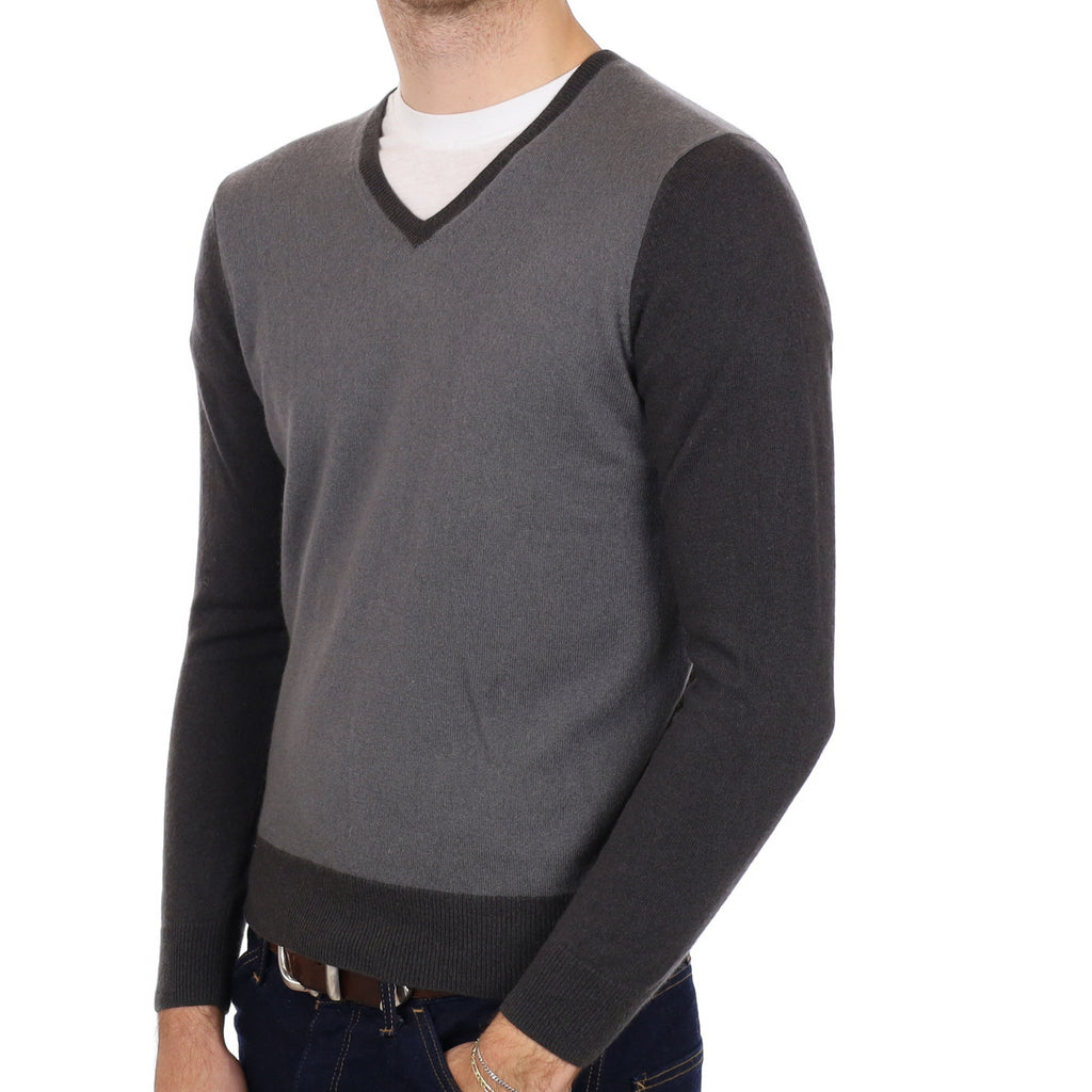 Men's Grey Colour Block Cashmere V Neck Jumper Medium