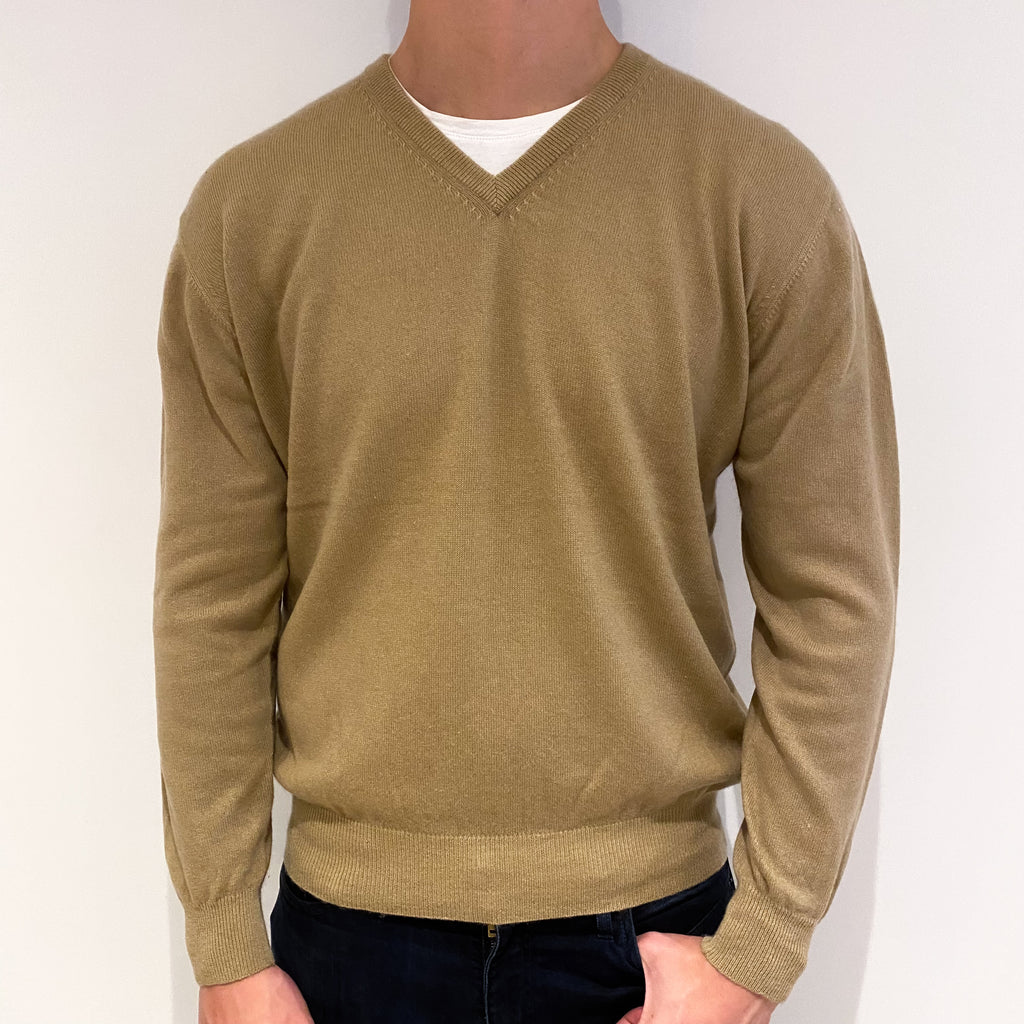 Men's Camel Brown Cashmere V-Neck Jumper Extra Large