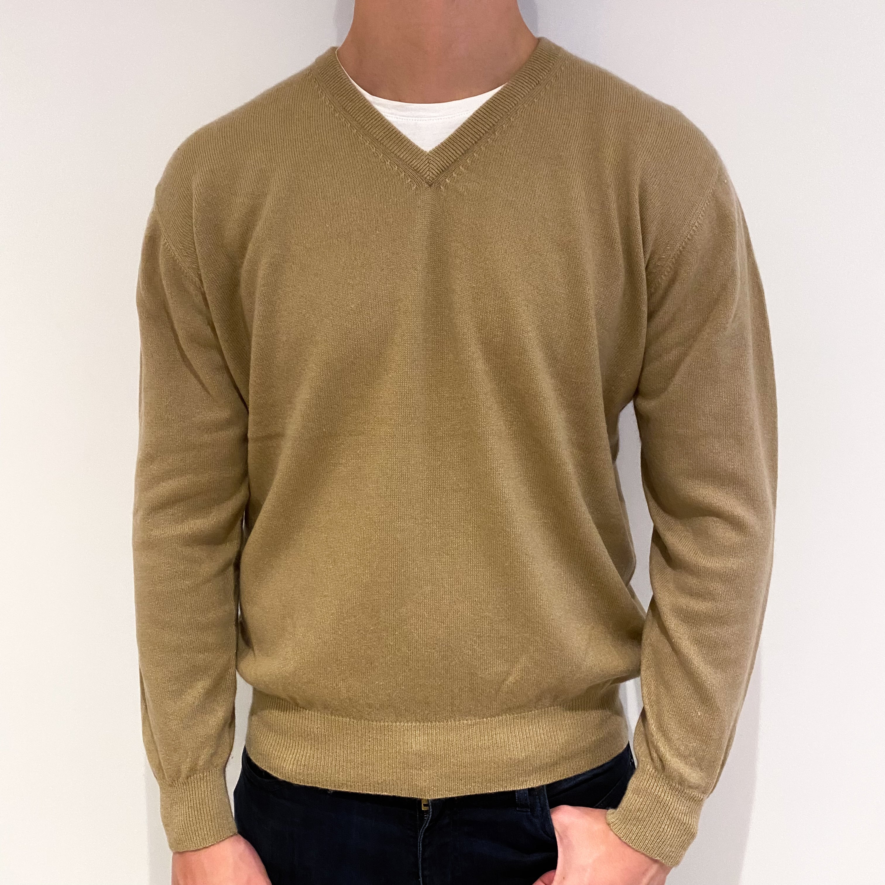 Men's Camel Brown Cashmere V-Neck Jumper Extra Large