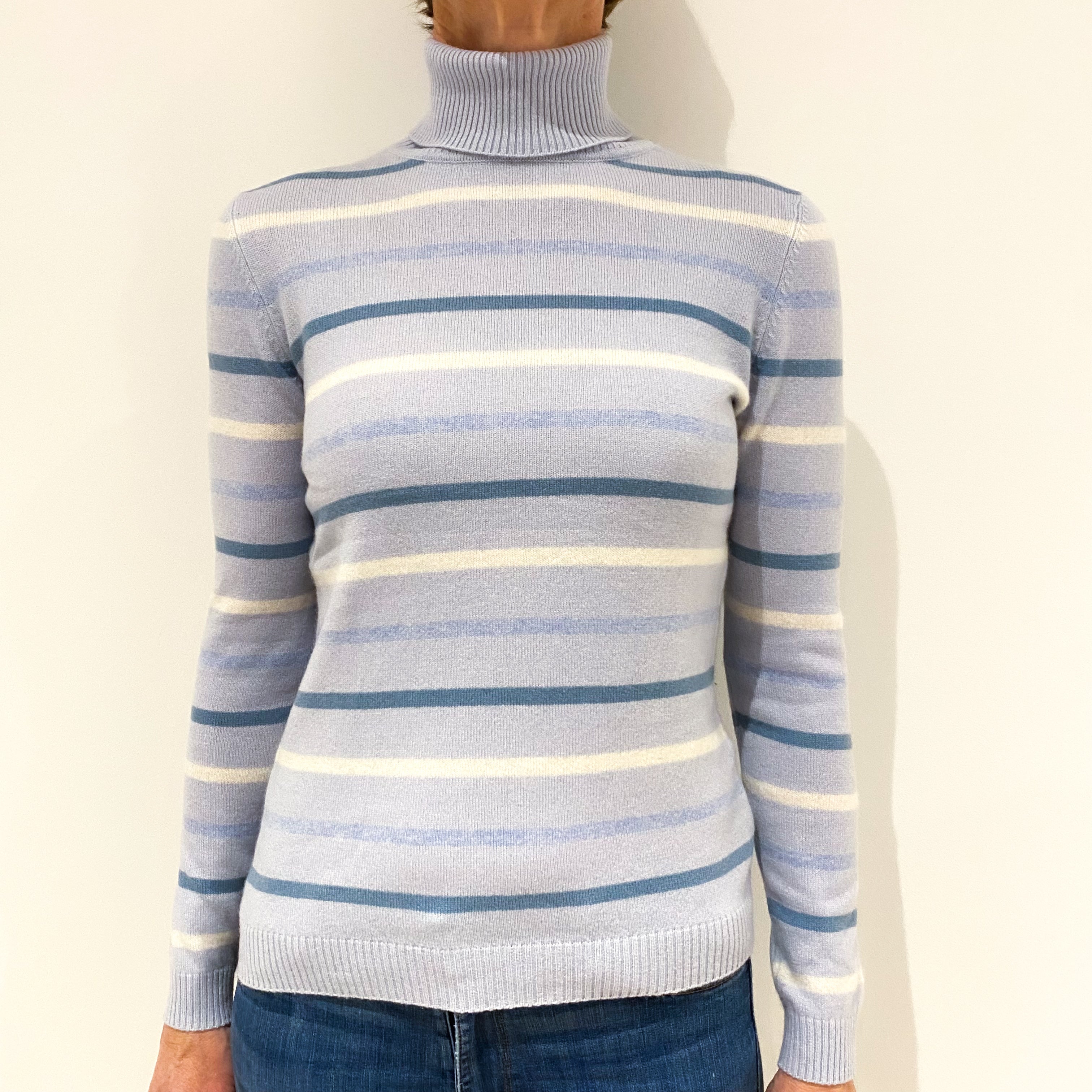 Powder Blue Striped Cashmere Polo Neck Jumper Small