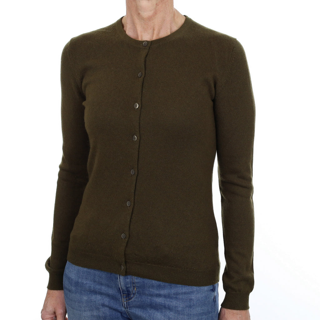 Army Green Cashmere Crew Neck Cardigan Small