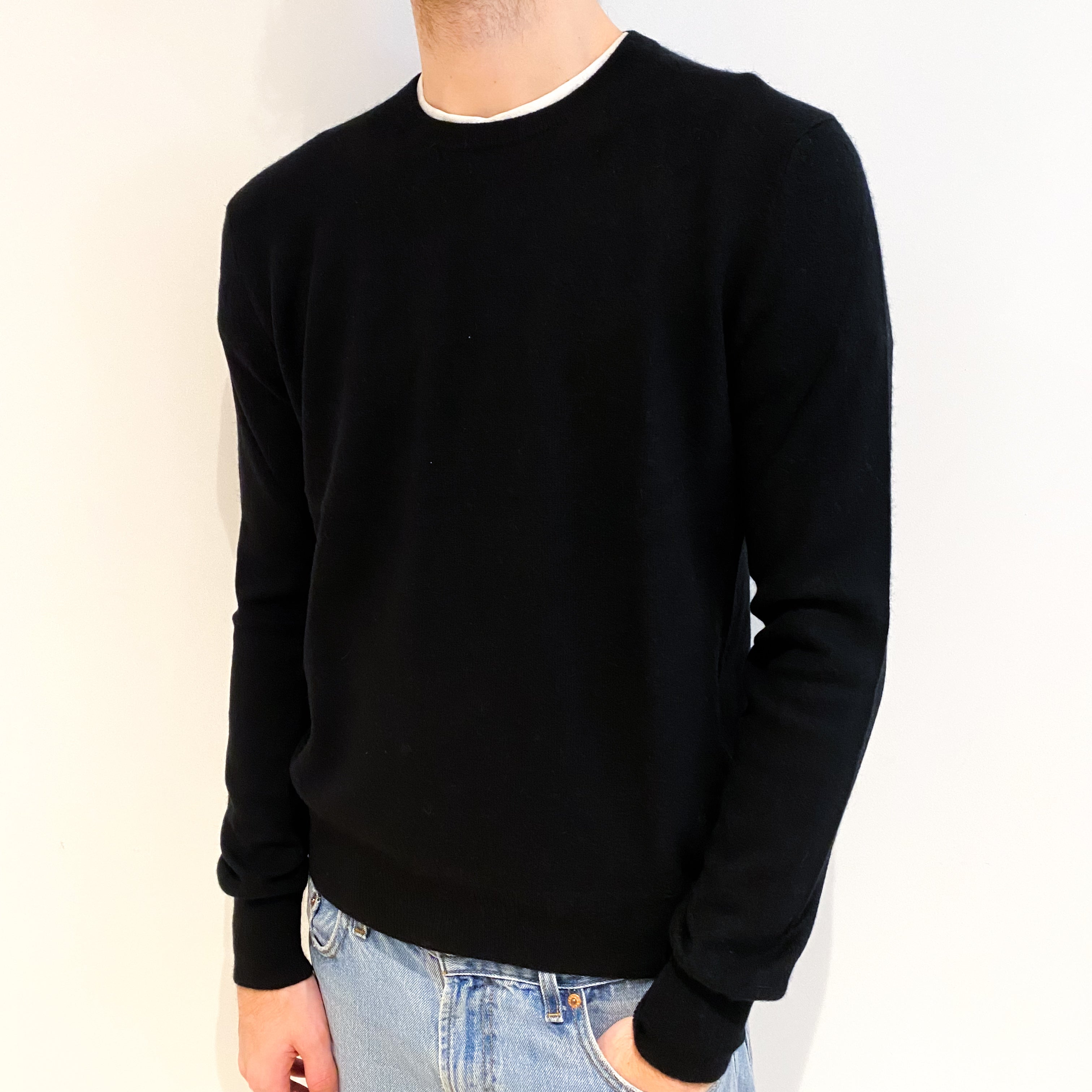 Men's Black Cashmere Crew Neck Jumper Large