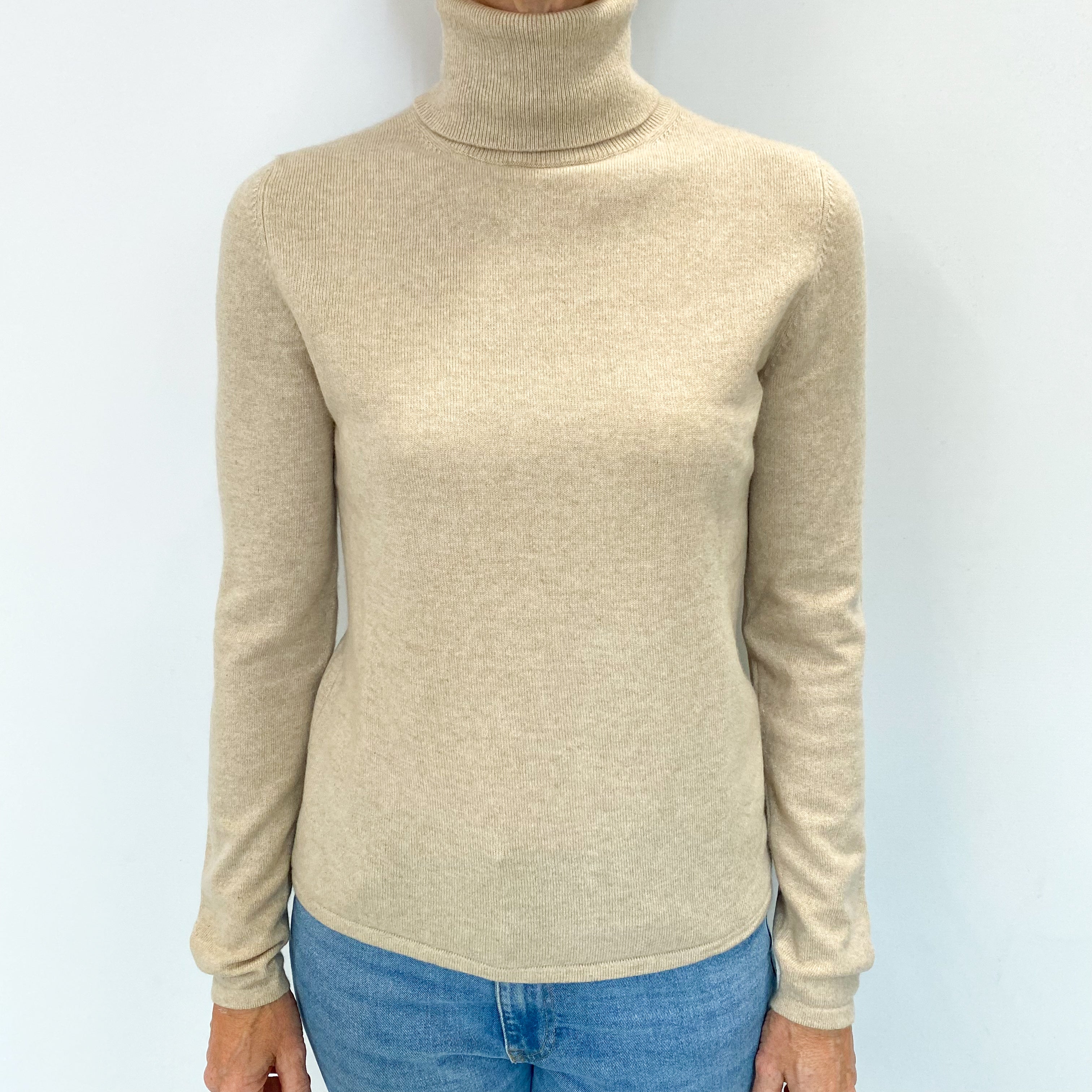 Oatmeal Beige Cashmere Polo Neck Jumper Small