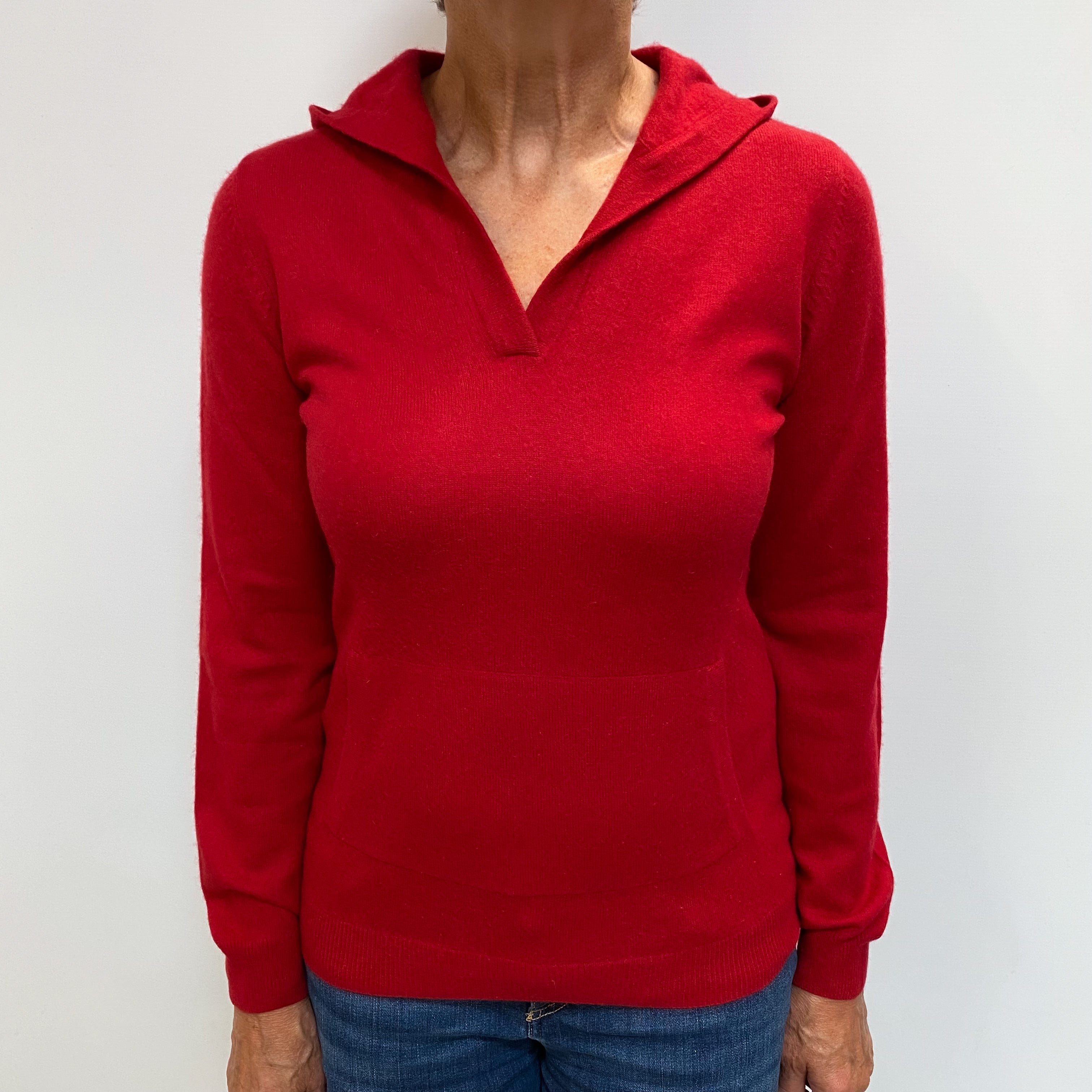 Post Box Red Cashmere V Neck Hoodie Medium