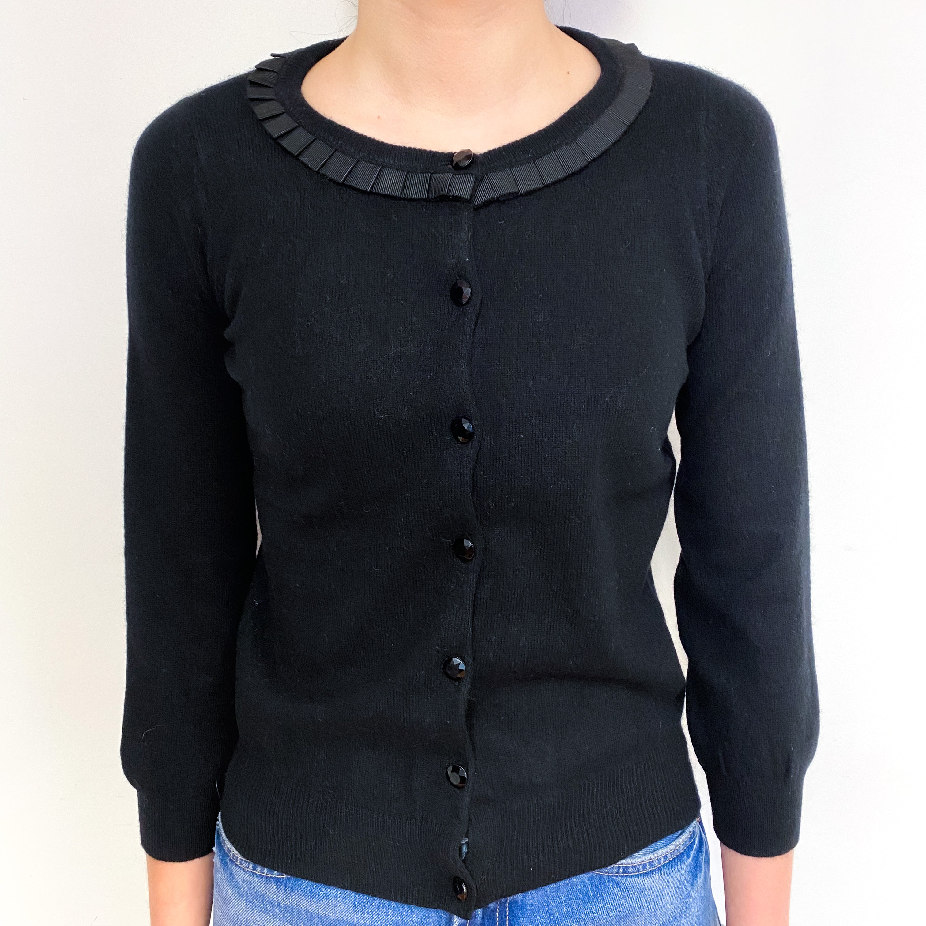 Black Pleat Trimmed Cashmere Crew Neck Cardigan Extra Small